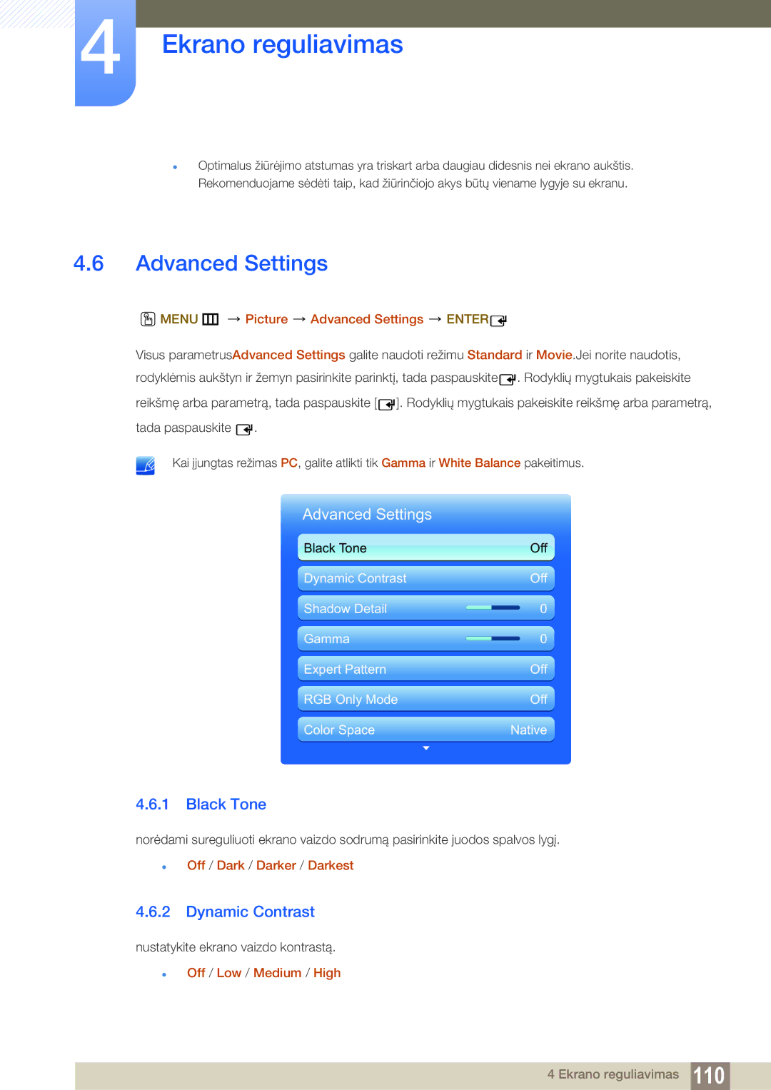 Samsung LH55UEPLGC/EN, LH55UEAPLGC/EN, LH55MEBPLGC/EN, LH46MEBPLGC/EN manual Advanced Settings, Black Tone, Dynamic Contrast 