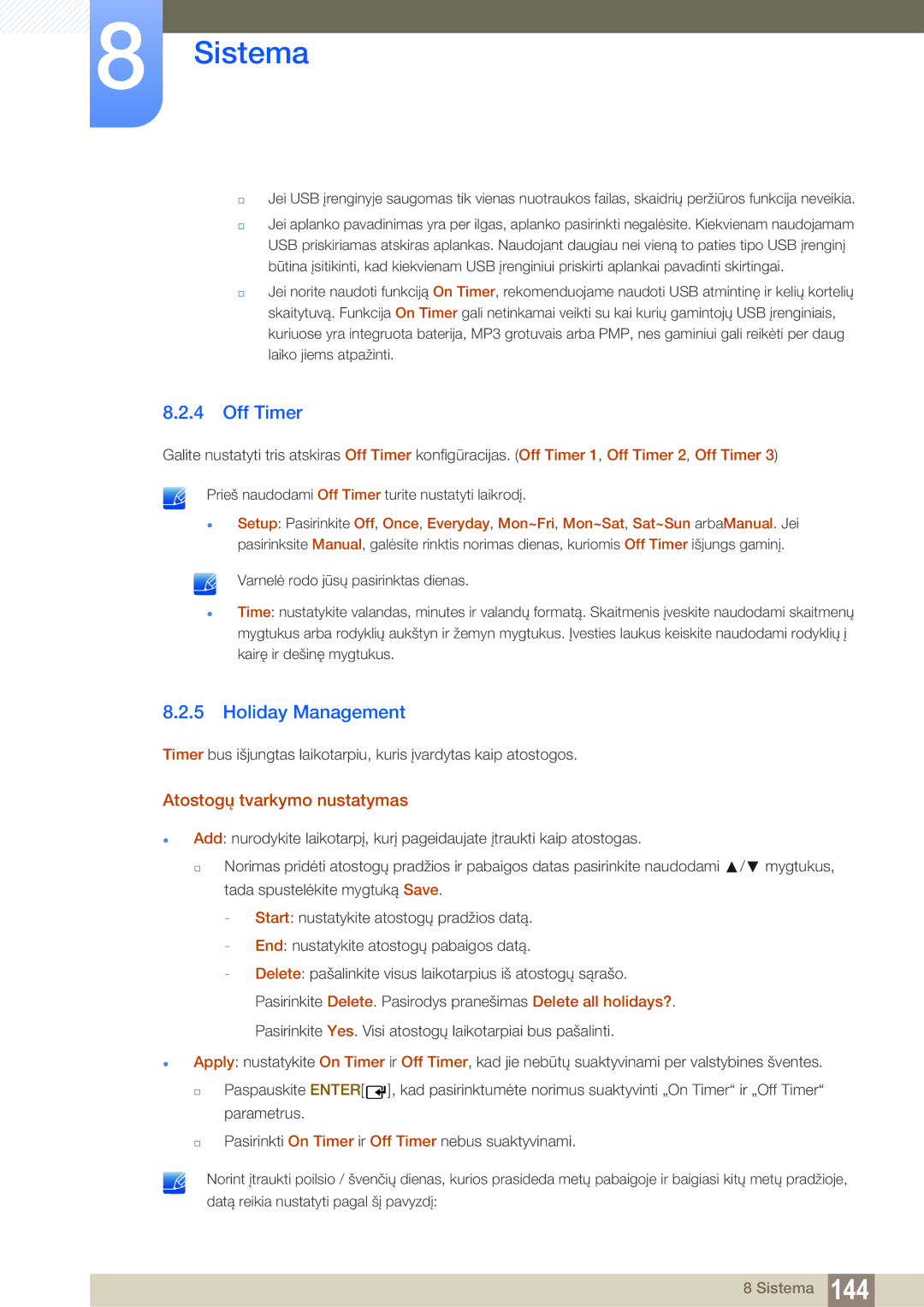 Samsung LH55UEAPLGC/EN, LH55MEBPLGC/EN, LH55UEPLGC/EN manual Off Timer, Holiday Management, Atostogų tvarkymo nustatymas 