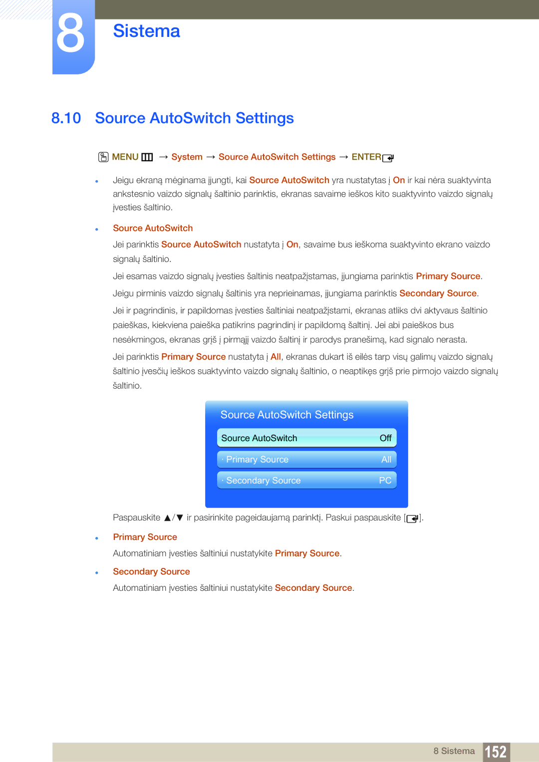 Samsung LH55UEPLGC/EN, LH55UEAPLGC/EN, LH55MEBPLGC/EN Menu m System Source AutoSwitch Settings Enter, Secondary Source 