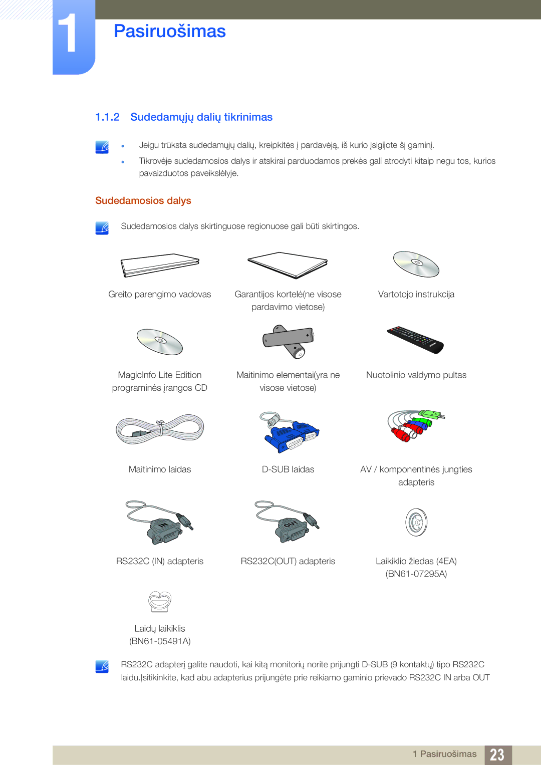 Samsung LH32MEBPLGC/EN, LH55UEAPLGC/EN, LH55MEBPLGC/EN, LH55UEPLGC/EN manual Sudedamųjų dalių tikrinimas, Sudedamosios dalys 