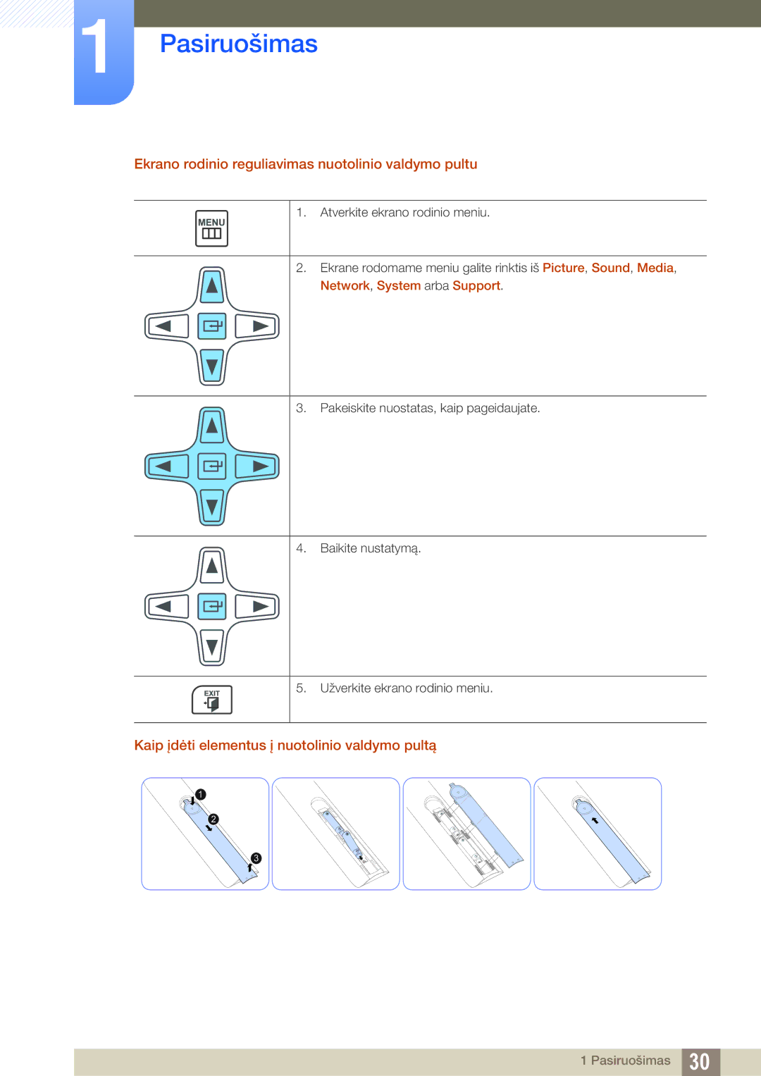 Samsung LH55UEAPLGC/EN, LH55MEBPLGC/EN Ekrano rodinio reguliavimas nuotolinio valdymo pultu, Network, System arba Support 