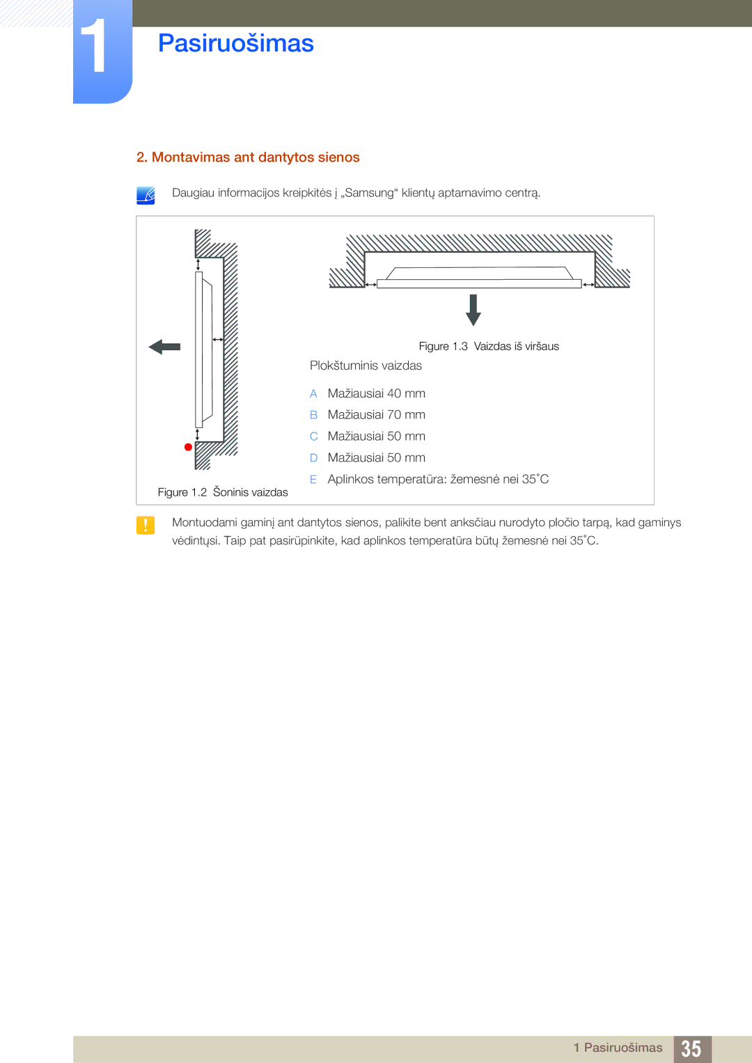 Samsung LH32MEBPLGC/EN, LH55UEAPLGC/EN, LH55MEBPLGC/EN, LH55UEPLGC/EN Montavimas ant dantytos sienos, Vaizdas iš viršaus 