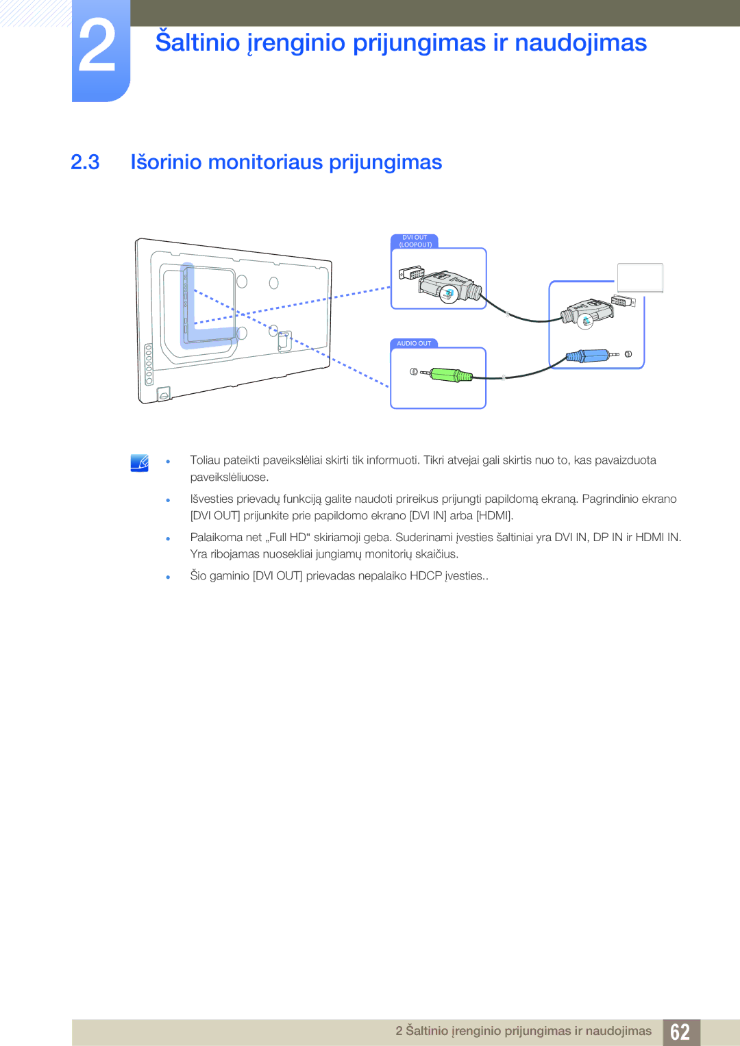 Samsung LH55UEPLGC/EN, LH55UEAPLGC/EN, LH55MEBPLGC/EN, LH46MEBPLGC/EN, LH40MEBPLGC/EN manual Išorinio monitoriaus prijungimas 