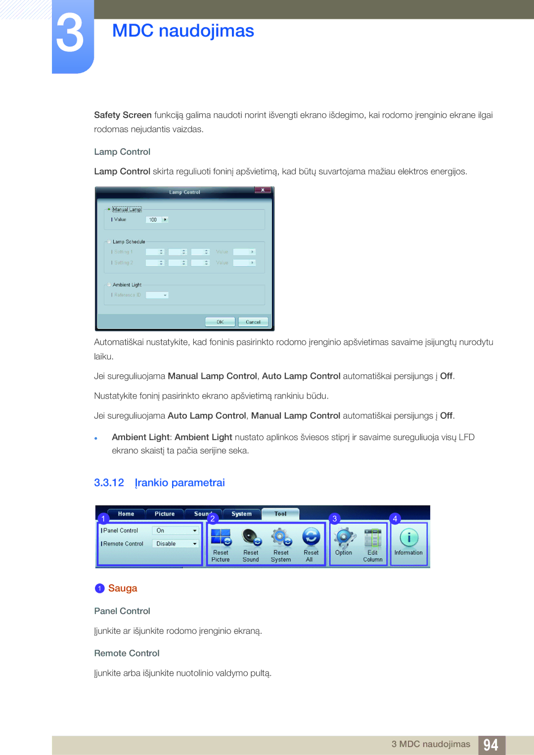 Samsung LH40MEBPLGC/EN, LH55UEAPLGC/EN, LH55MEBPLGC/EN, LH55UEPLGC/EN 12 Įrankio parametrai, Lamp Control, Panel Control 