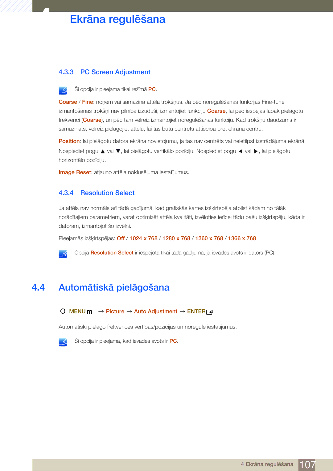 Samsung LH32MEBPLGC/EN, LH55UEAPLGC/EN, LH55MEBPLGC/EN Automātiskā pielāgošana, PC Screen Adjustment, Resolution Select 