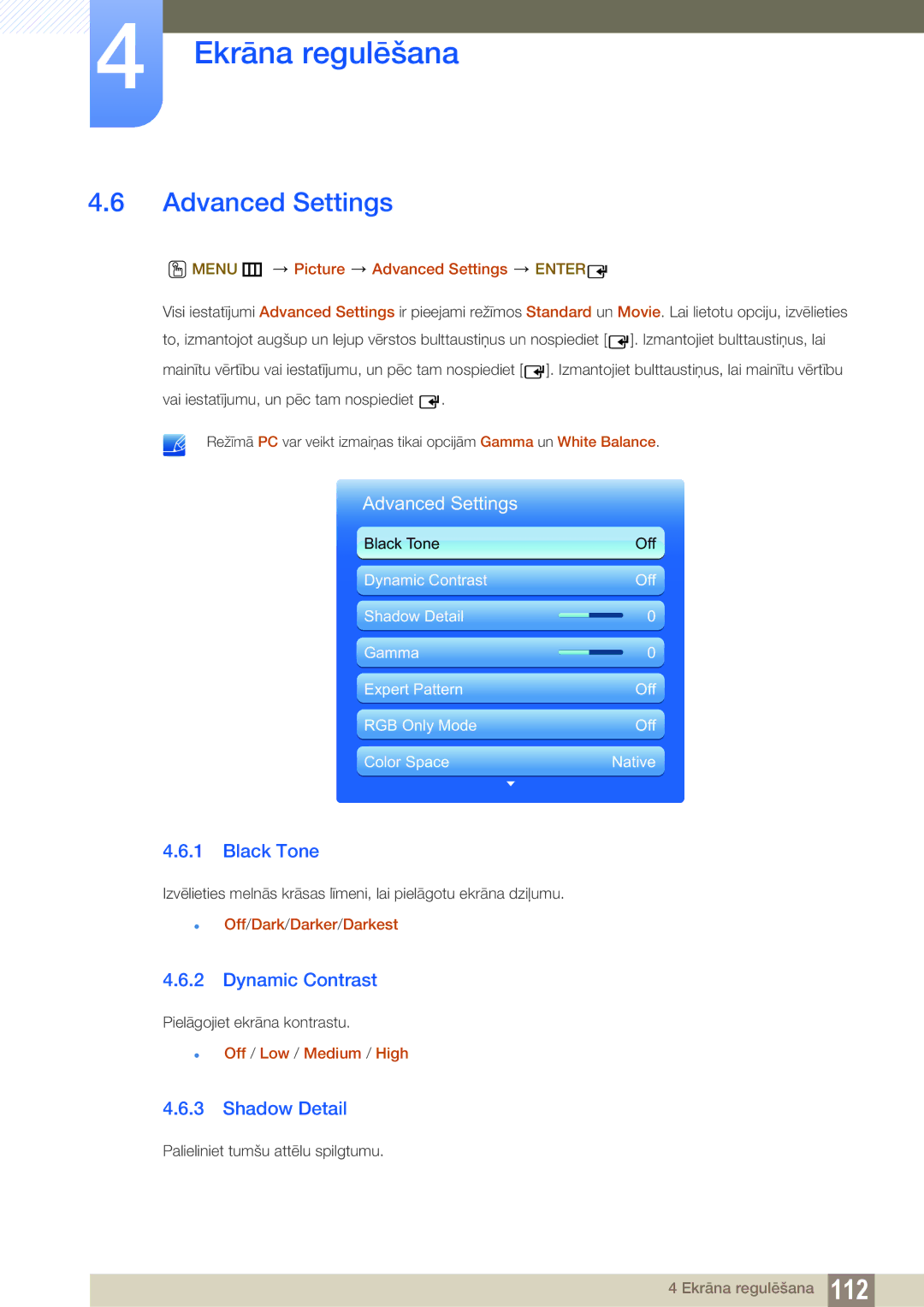 Samsung LH40MEBPLGC/EN, LH55UEAPLGC/EN, LH55MEBPLGC/EN manual Advanced Settings, Black Tone, Dynamic Contrast, Shadow Detail 