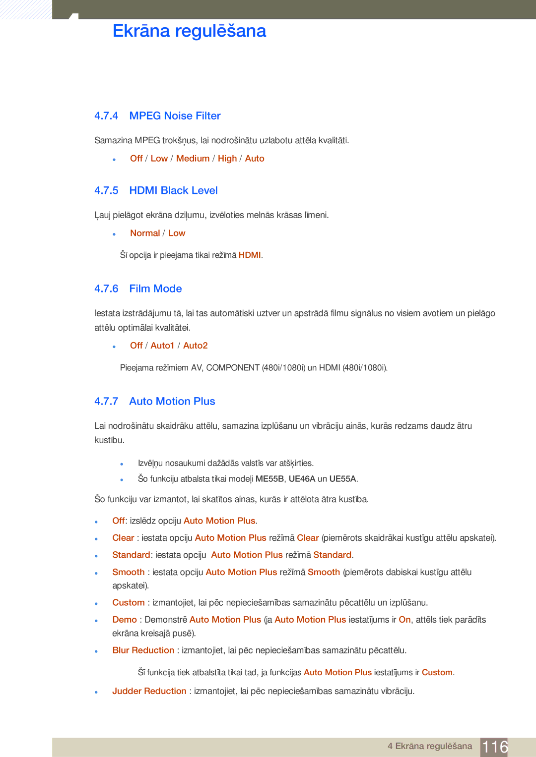 Samsung LH55UEPLGC/EN, LH55UEAPLGC/EN, LH55MEBPLGC/EN manual Mpeg Noise Filter, Hdmi Black Level, Film Mode, Auto Motion Plus 
