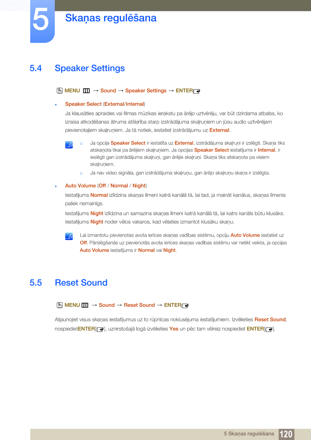 Samsung LH55UEAPLGC/EN manual Speaker Settings, Auto Volume Off / Normal / Night, Menu m Sound Reset Sound Enter 