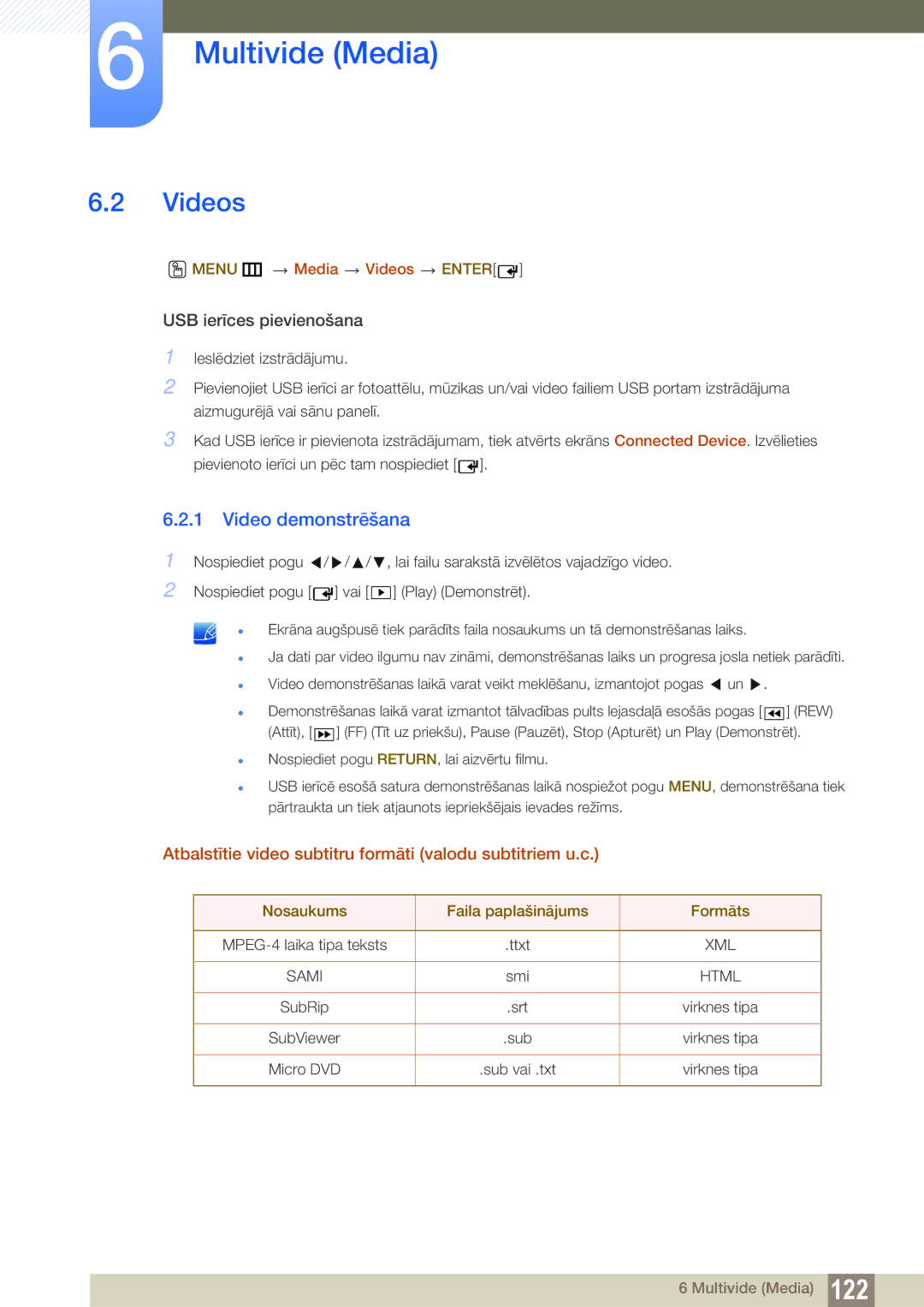 Samsung LH55UEPLGC/EN manual Videos, Video demonstrēšana, Atbalstītie video subtitru formāti valodu subtitriem u.c 