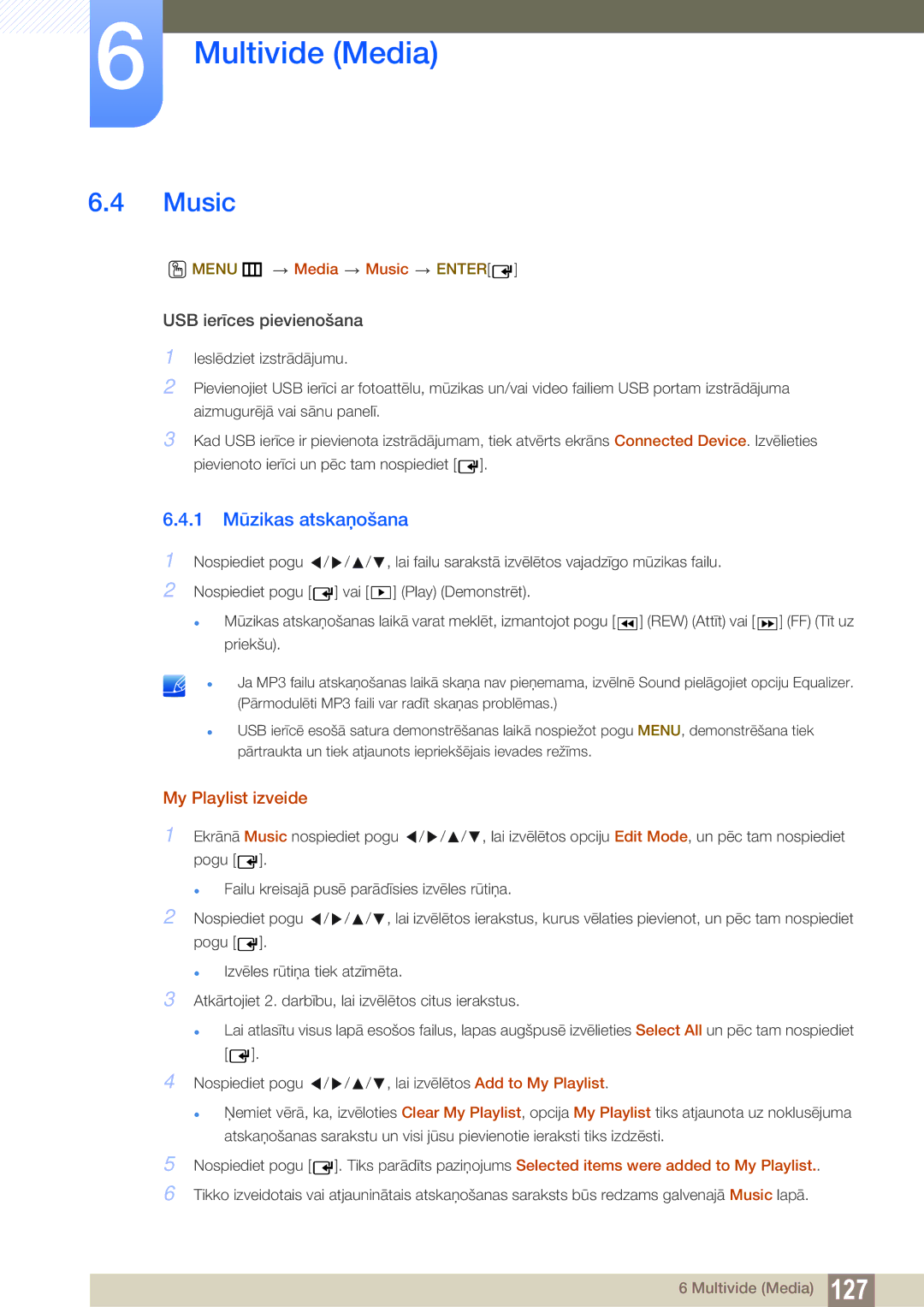 Samsung LH55MEBPLGC/EN, LH55UEAPLGC/EN manual 1 Mūzikas atskaņošana, My Playlist izveide, Menu m Media Music Enter 