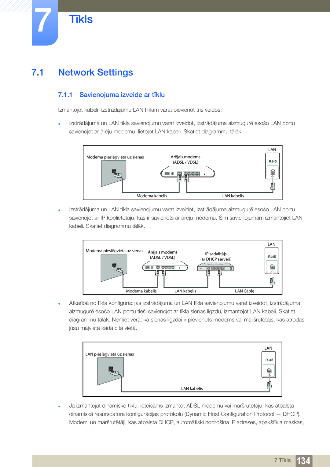 Samsung LH55UEPLGC/EN, LH55UEAPLGC/EN, LH55MEBPLGC/EN, LH46MEBPLGC/EN Tīkls, Network Settings, Savienojuma izveide ar tīklu 