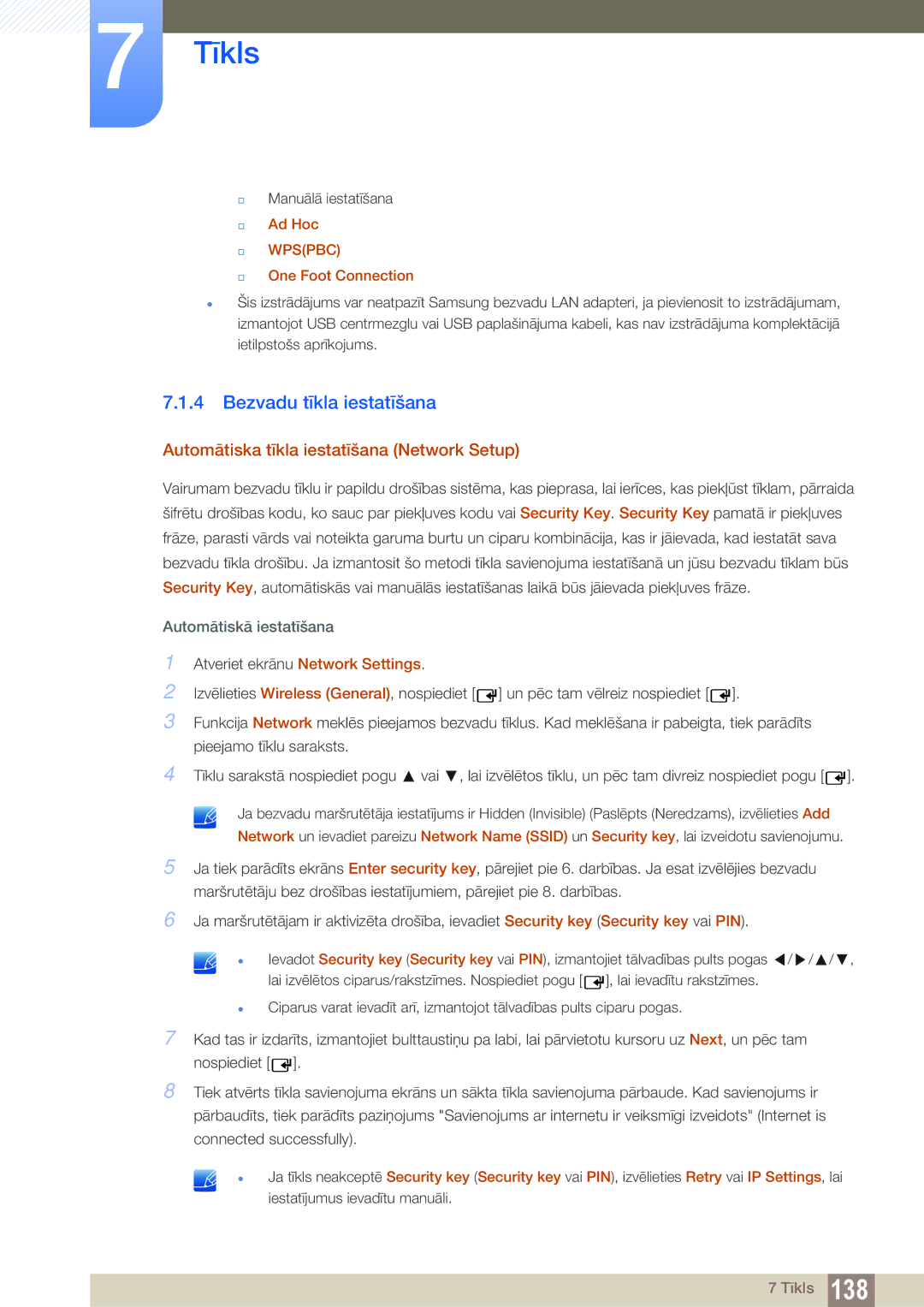 Samsung LH55UEAPLGC/EN Bezvadu tīkla iestatīšana, Automātiska tīkla iestatīšana Network Setup, Ad Hoc, One Foot Connection 