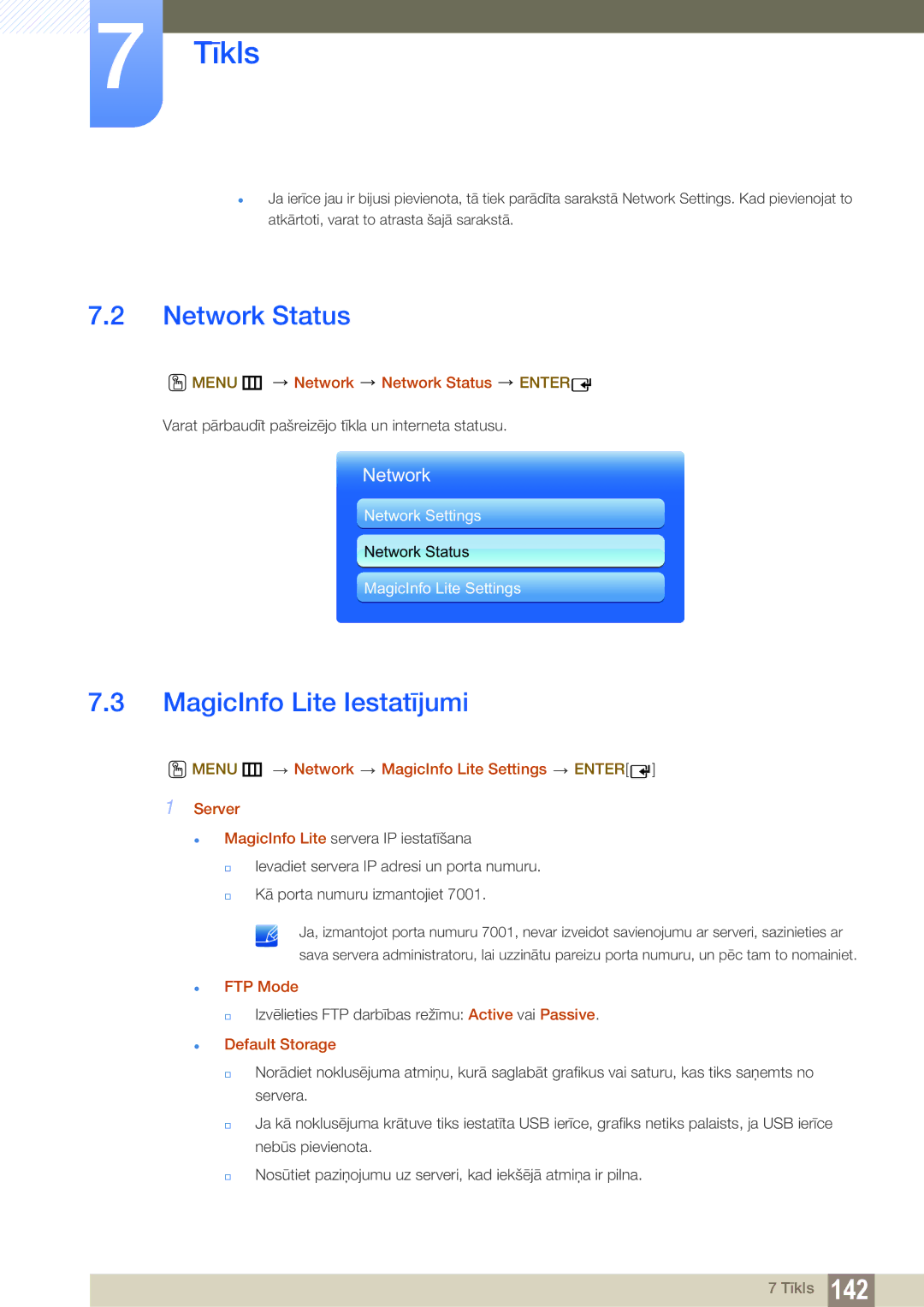 Samsung LH40MEBPLGC/EN, LH55UEAPLGC/EN, LH55MEBPLGC/EN, LH55UEPLGC/EN manual Network Status, MagicInfo Lite Iestatījumi 