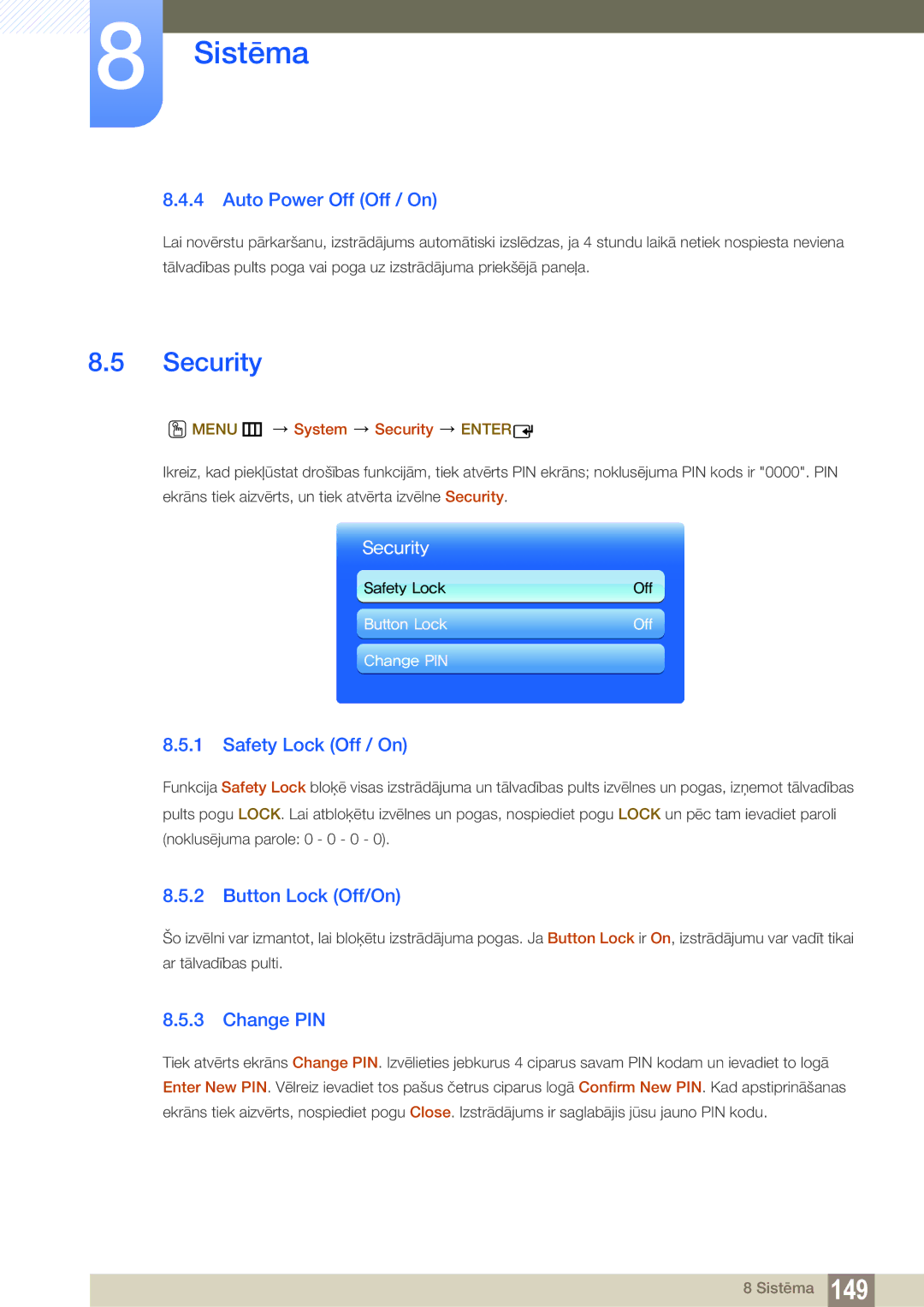 Samsung LH32MEBPLGC/EN manual Security, Auto Power Off Off / On, Safety Lock Off / On, Button Lock Off/On, Change PIN 