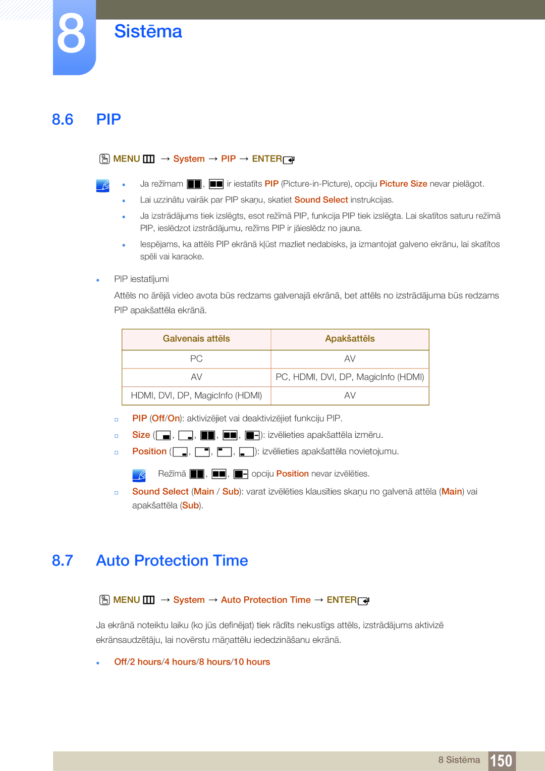 Samsung LH55UEAPLGC/EN, LH55MEBPLGC/EN manual Pip, Menu m System PIP Enter, Menu m System Auto Protection Time Enter 