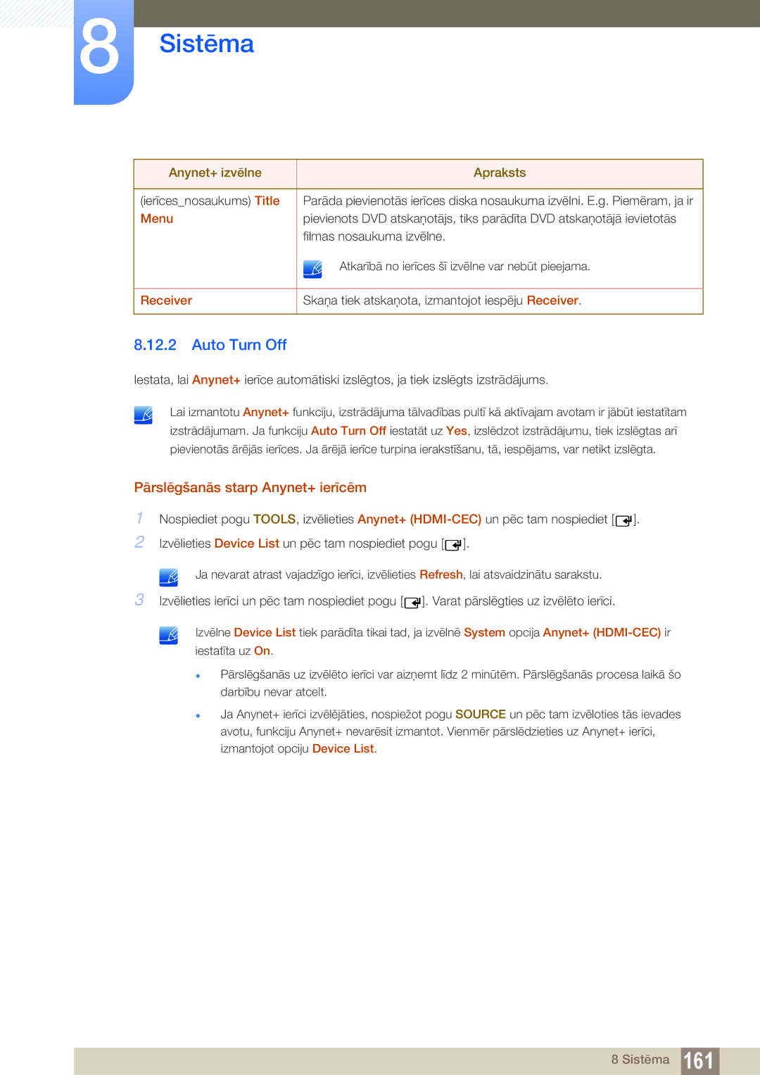 Samsung LH32MEBPLGC/EN, LH55UEAPLGC/EN, LH55MEBPLGC/EN Auto Turn Off, Pārslēgšanās starp Anynet+ ierīcēm, Menu, Receiver 