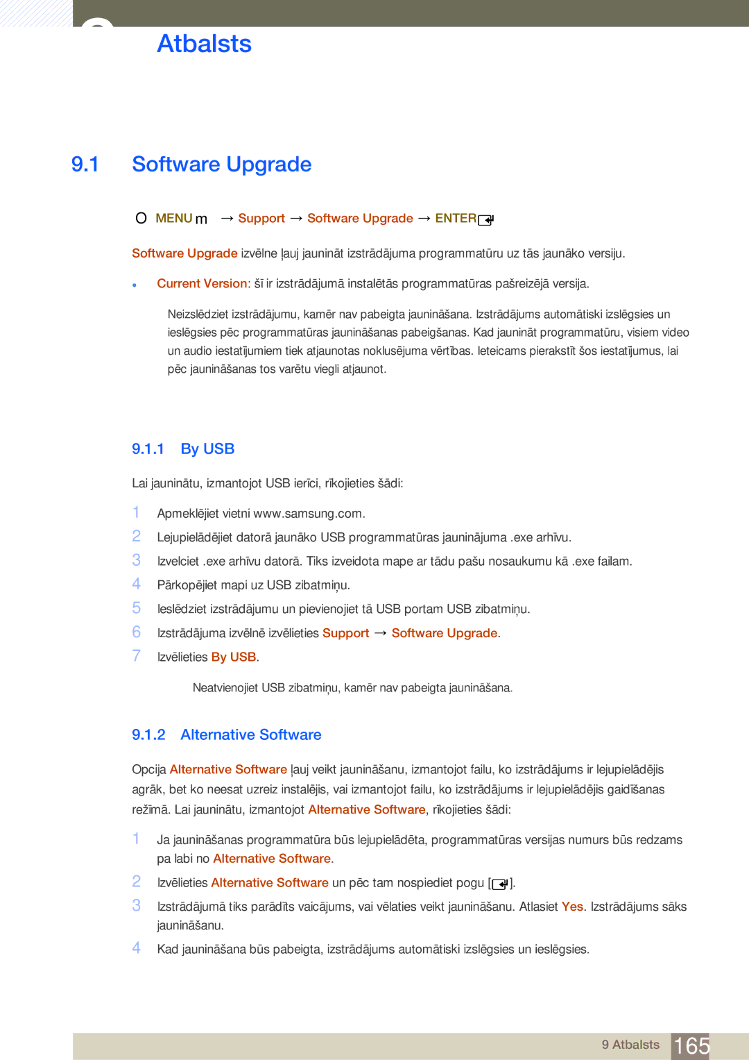 Samsung LH46MEBPLGC/EN, LH55UEAPLGC/EN Atbalsts, By USB, Alternative Software, Menu m Support Software Upgrade Enter 