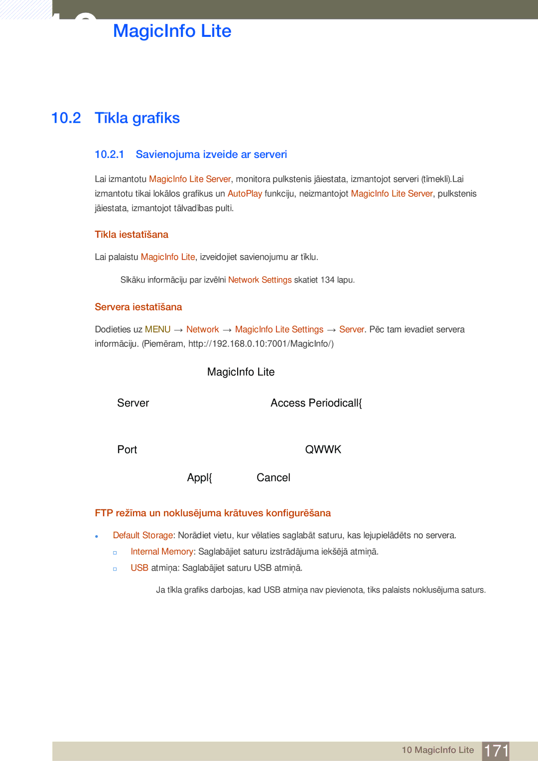 Samsung LH46MEBPLGC/EN manual 10.2 Tīkla grafiks, Savienojuma izveide ar serveri, Tīkla iestatīšana, Servera iestatīšana 