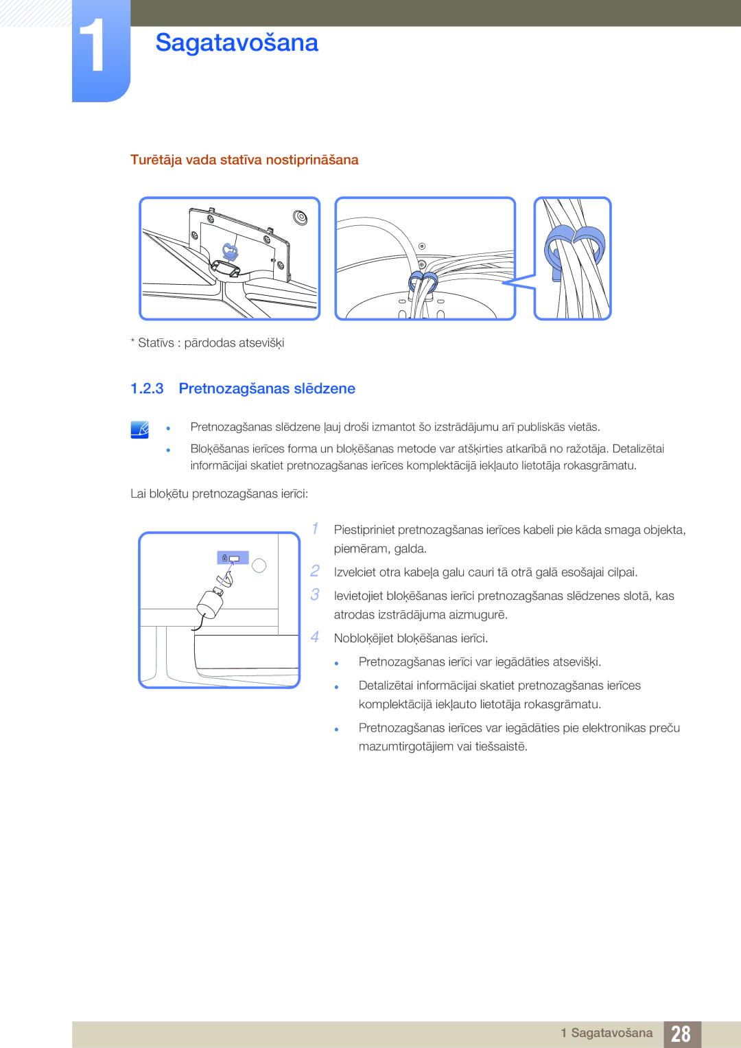 Samsung LH40MEBPLGC/EN, LH55UEAPLGC/EN, LH55MEBPLGC/EN manual Pretnozagšanas slēdzene, Turētāja vada statīva nostiprināšana 