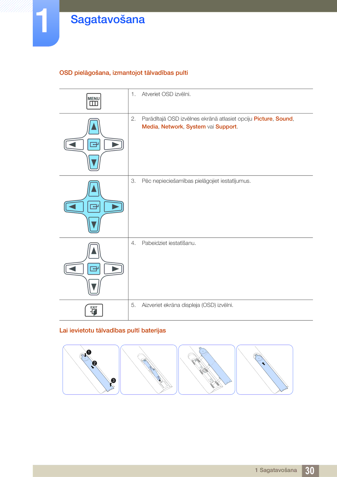 Samsung LH55UEAPLGC/EN manual OSD pielāgošana, izmantojot tālvadības pulti, Lai ievietotu tālvadības pultī baterijas 