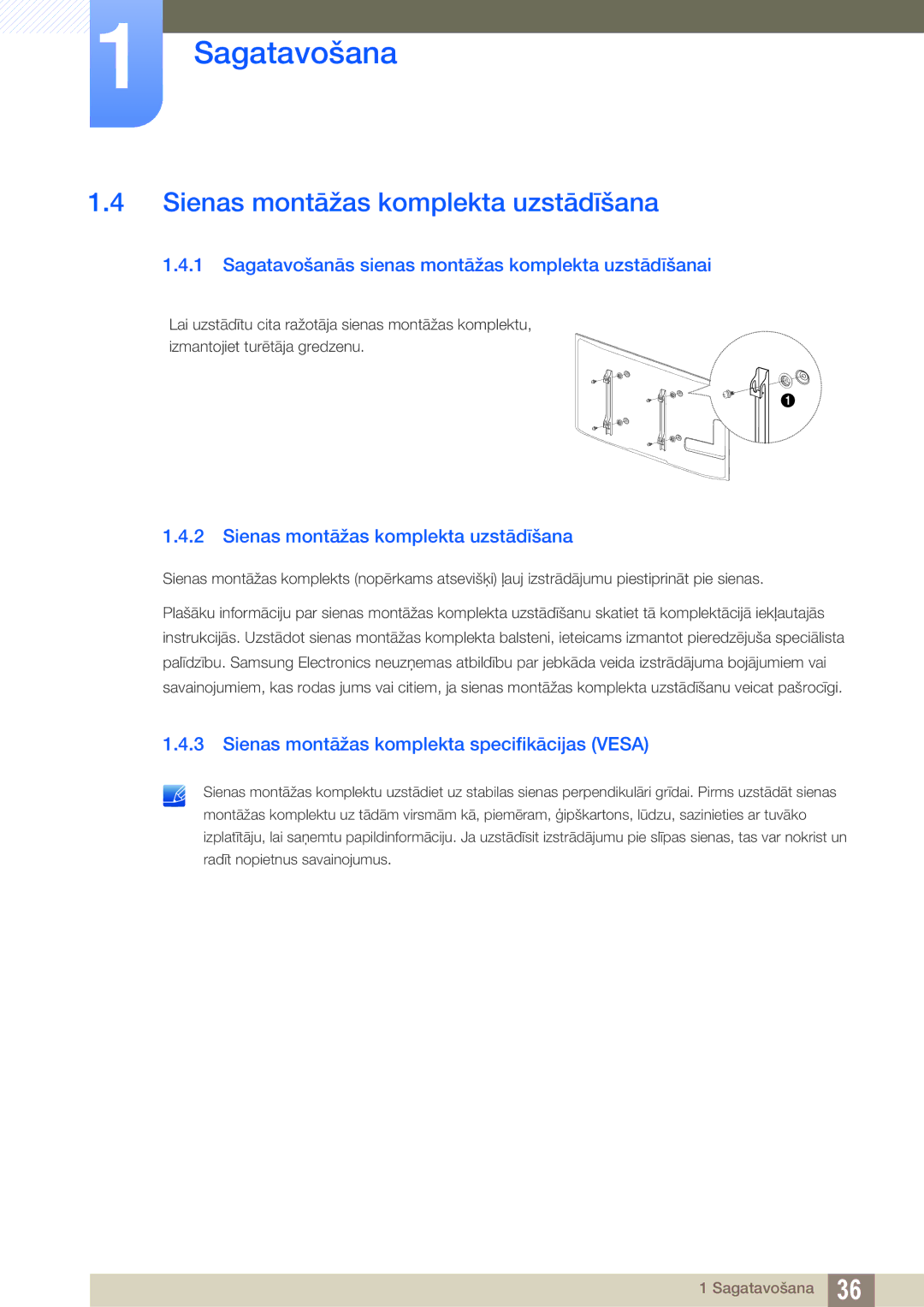 Samsung LH55UEAPLGC/EN manual Sienas montāžas komplekta uzstādīšana, Sagatavošanās sienas montāžas komplekta uzstādīšanai 