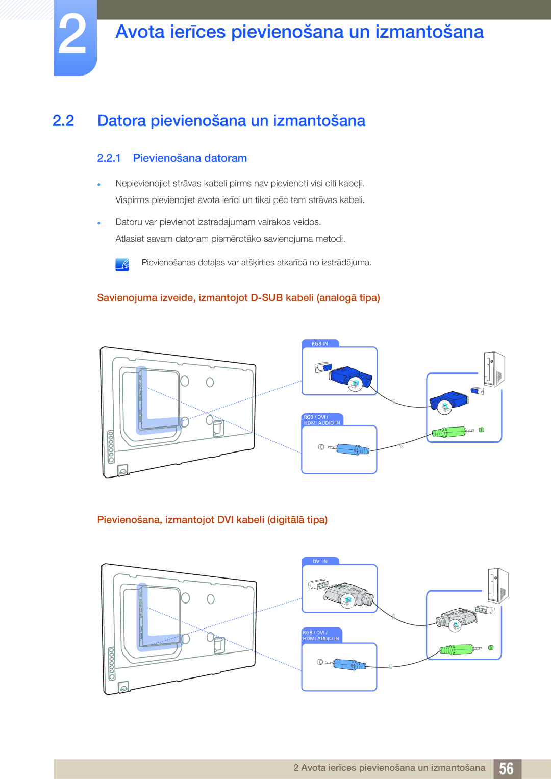 Samsung LH55UEPLGC/EN, LH55UEAPLGC/EN, LH55MEBPLGC/EN manual Datora pievienošana un izmantošana, Pievienošana datoram 