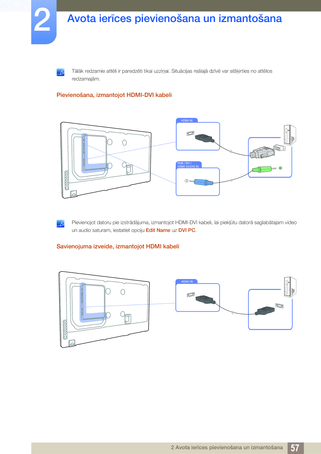 Samsung LH46MEBPLGC/EN manual Pievienošana, izmantojot HDMI-DVI kabeli, Savienojuma izveide, izmantojot Hdmi kabeli 