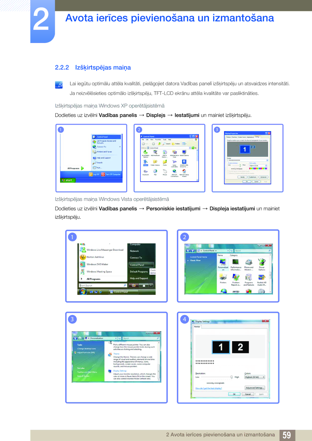 Samsung LH32MEBPLGC/EN, LH55UEAPLGC/EN, LH55UEPLGC/EN 2 Izšķirtspējas maiņa, Izšķirtspējas maiņa Windows XP operētājsistēmā 