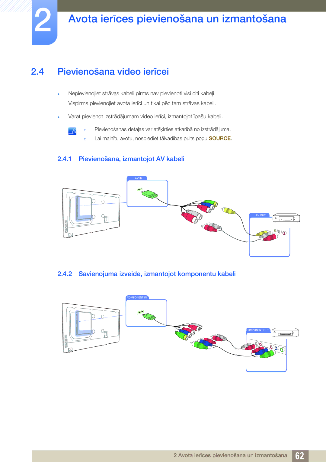 Samsung LH55UEPLGC/EN, LH55UEAPLGC/EN, LH55MEBPLGC/EN manual Pievienošana video ierīcei, Pievienošana, izmantojot AV kabeli 