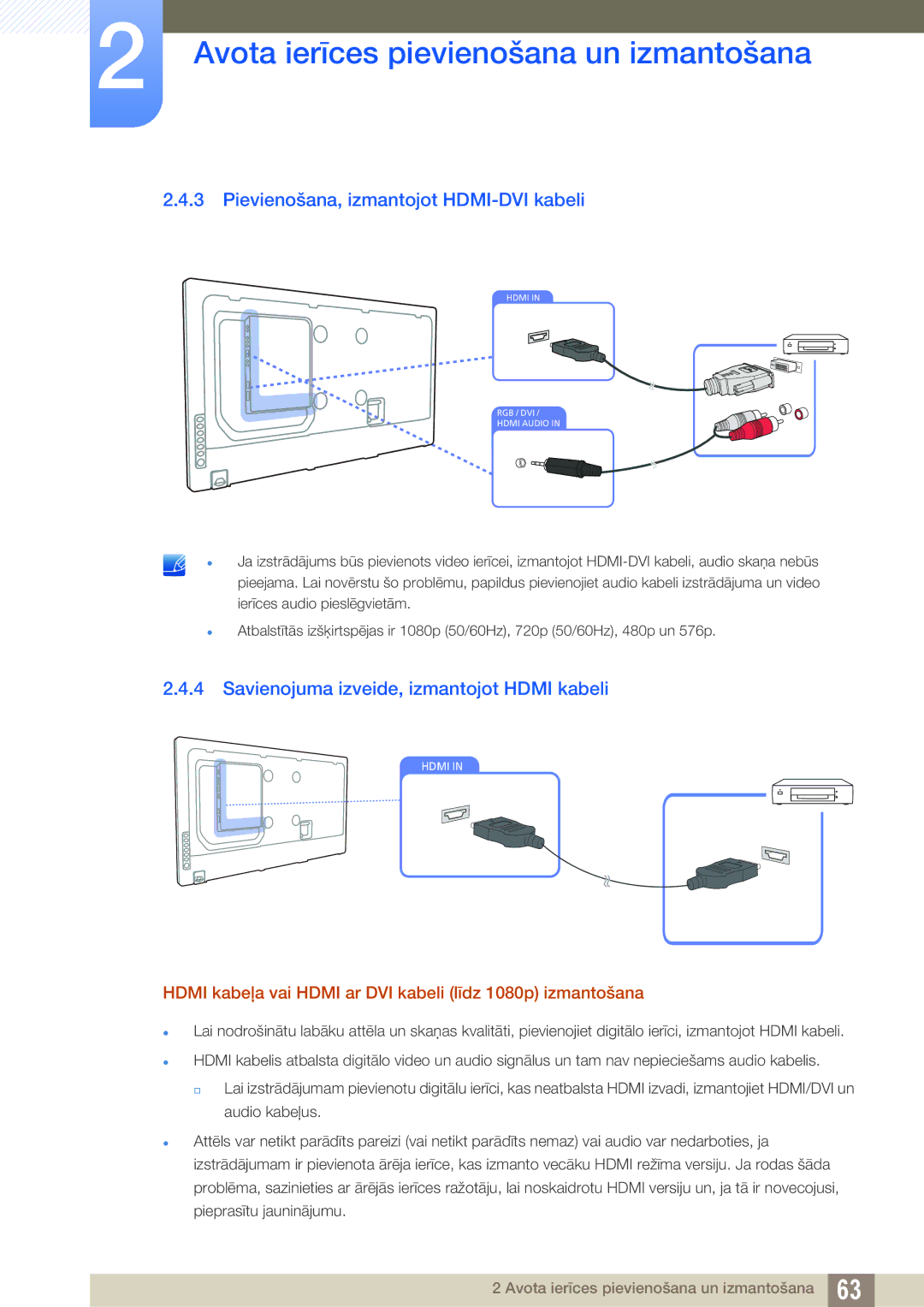 Samsung LH46MEBPLGC/EN manual Pievienošana, izmantojot HDMI-DVI kabeli, Savienojuma izveide, izmantojot Hdmi kabeli 