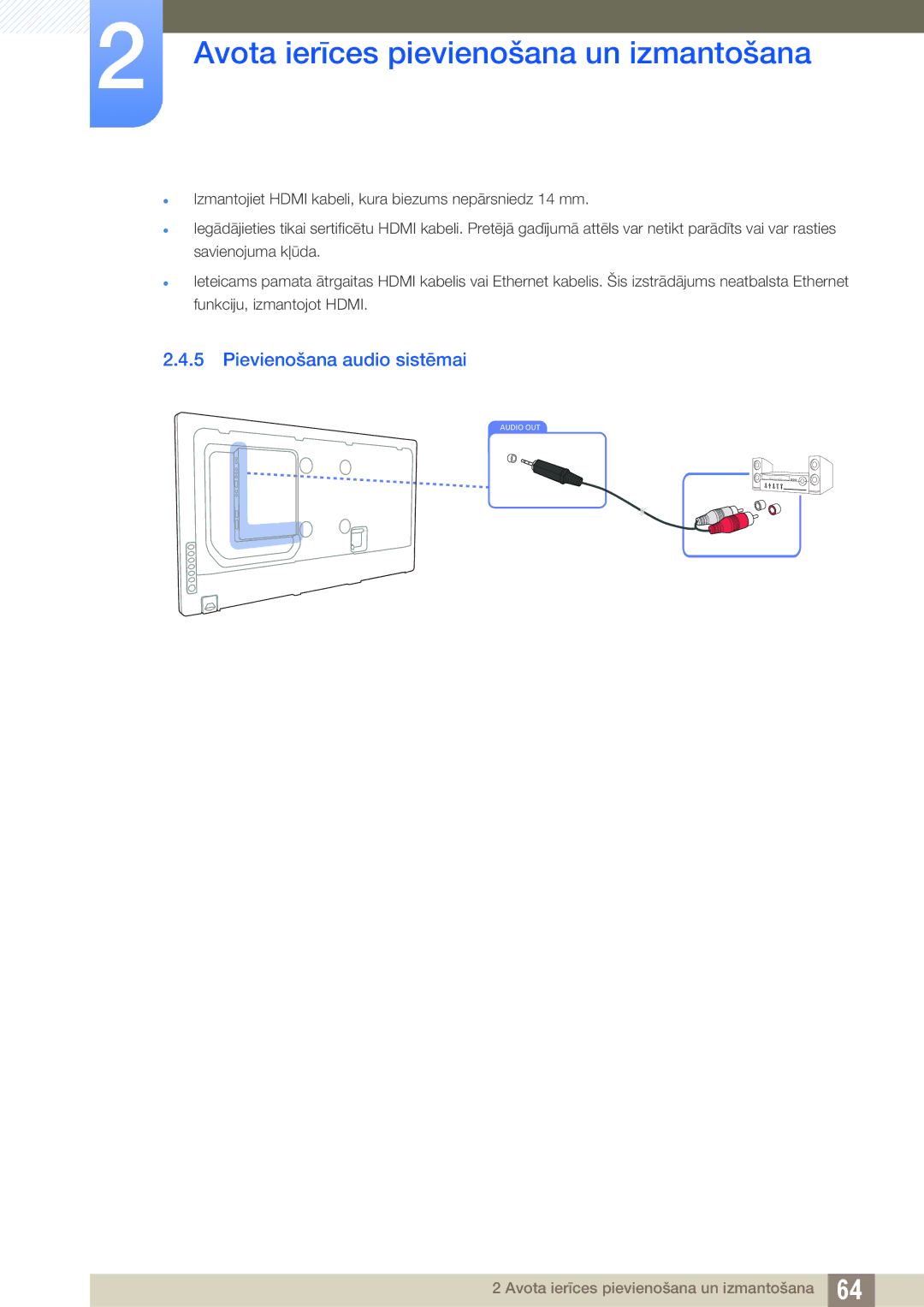 Samsung LH40MEBPLGC/EN, LH55UEAPLGC/EN, LH55MEBPLGC/EN, LH55UEPLGC/EN, LH46MEBPLGC/EN manual Pievienošana audio sistēmai 