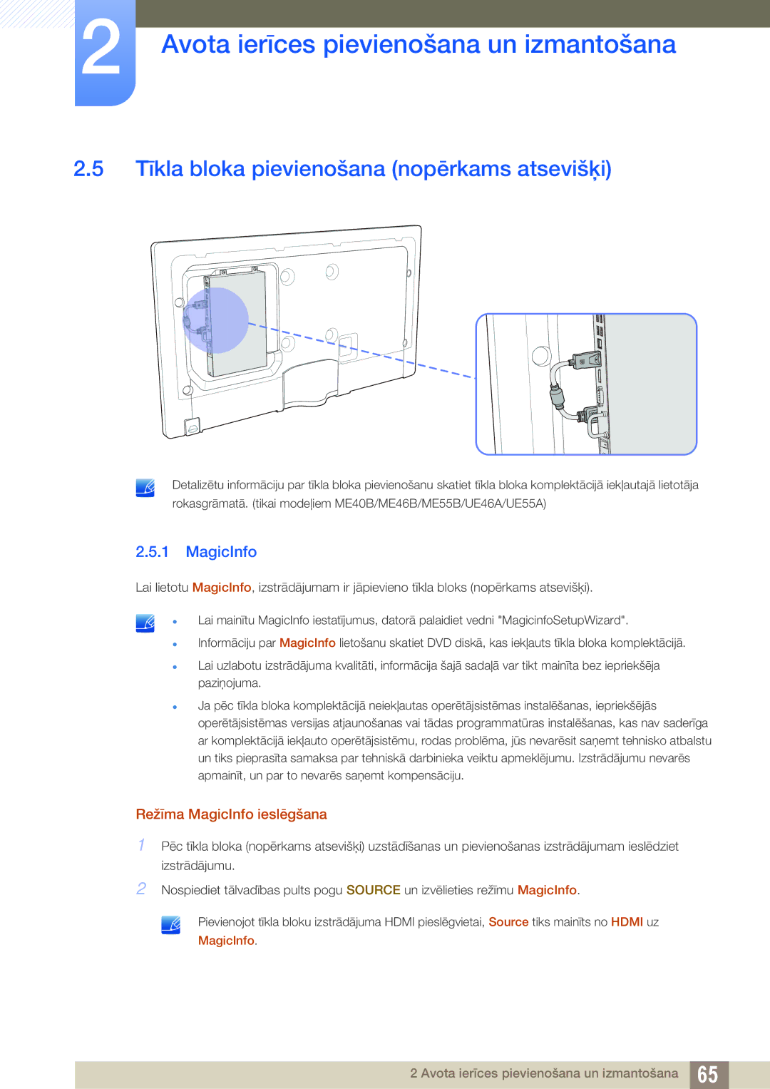 Samsung LH32MEBPLGC/EN, LH55UEAPLGC/EN manual Tīkla bloka pievienošana nopērkams atsevišķi, Režīma MagicInfo ieslēgšana 