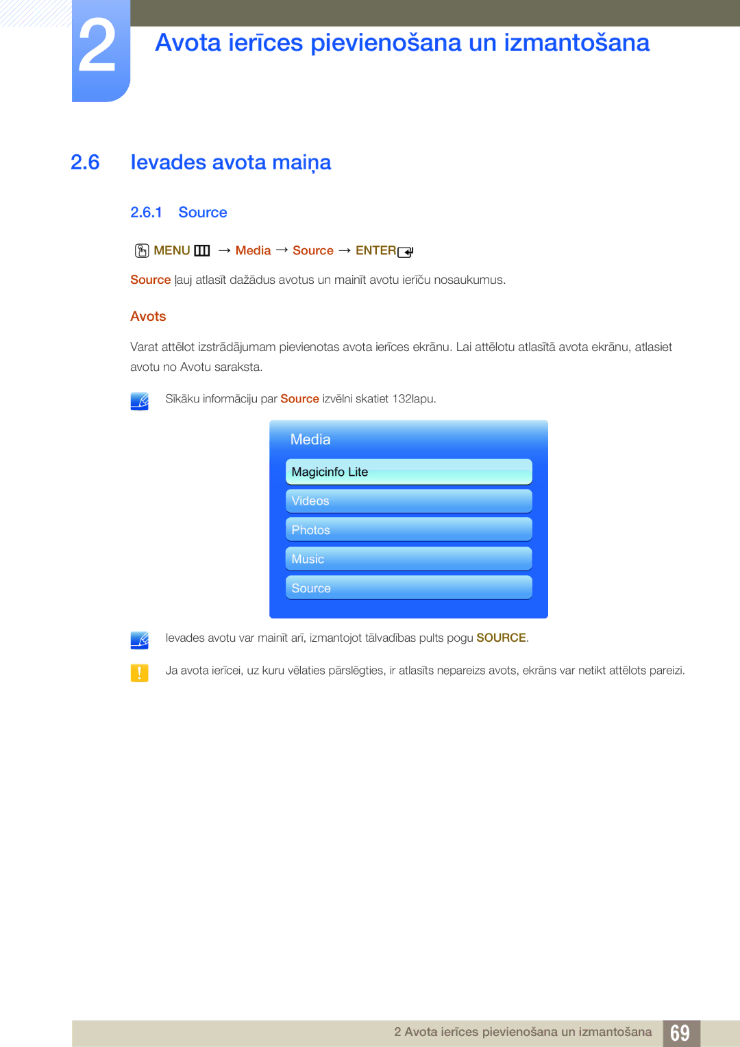 Samsung LH46MEBPLGC/EN, LH55UEAPLGC/EN, LH55MEBPLGC/EN manual Ievades avota maiņa, Avots, Menu m Media Source Enter 