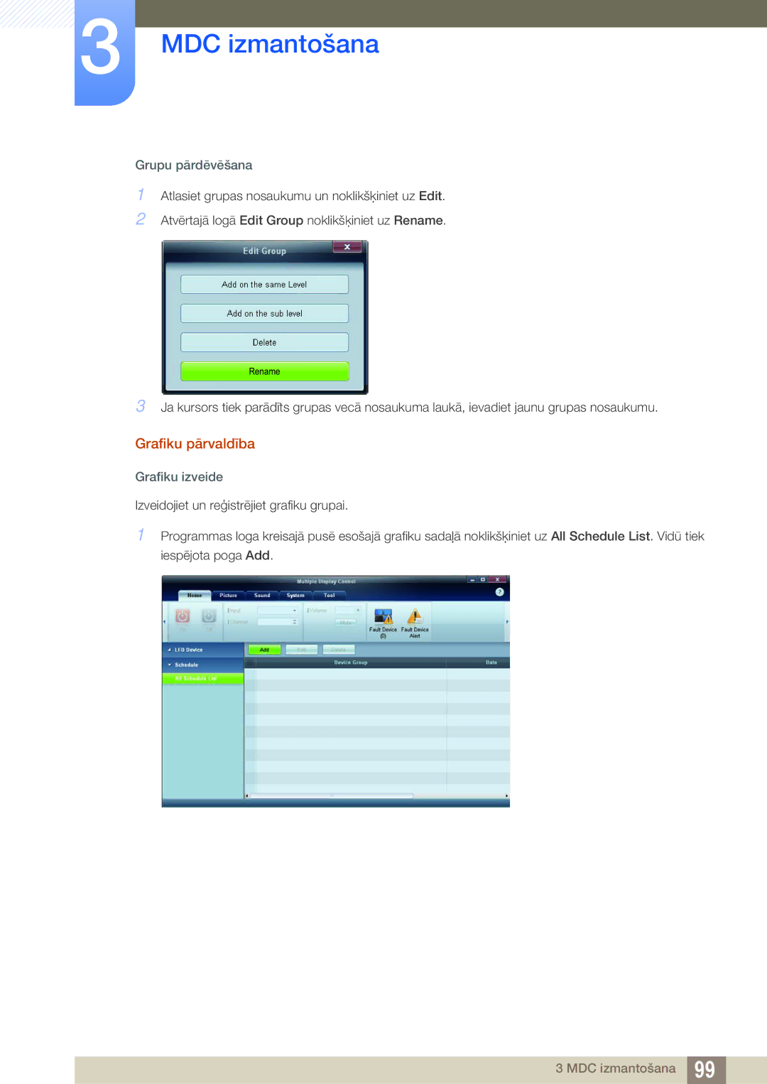Samsung LH46MEBPLGC/EN, LH55UEAPLGC/EN, LH55MEBPLGC/EN, LH55UEPLGC/EN Grafiku pārvaldība, Grupu pārdēvēšana, Grafiku izveide 
