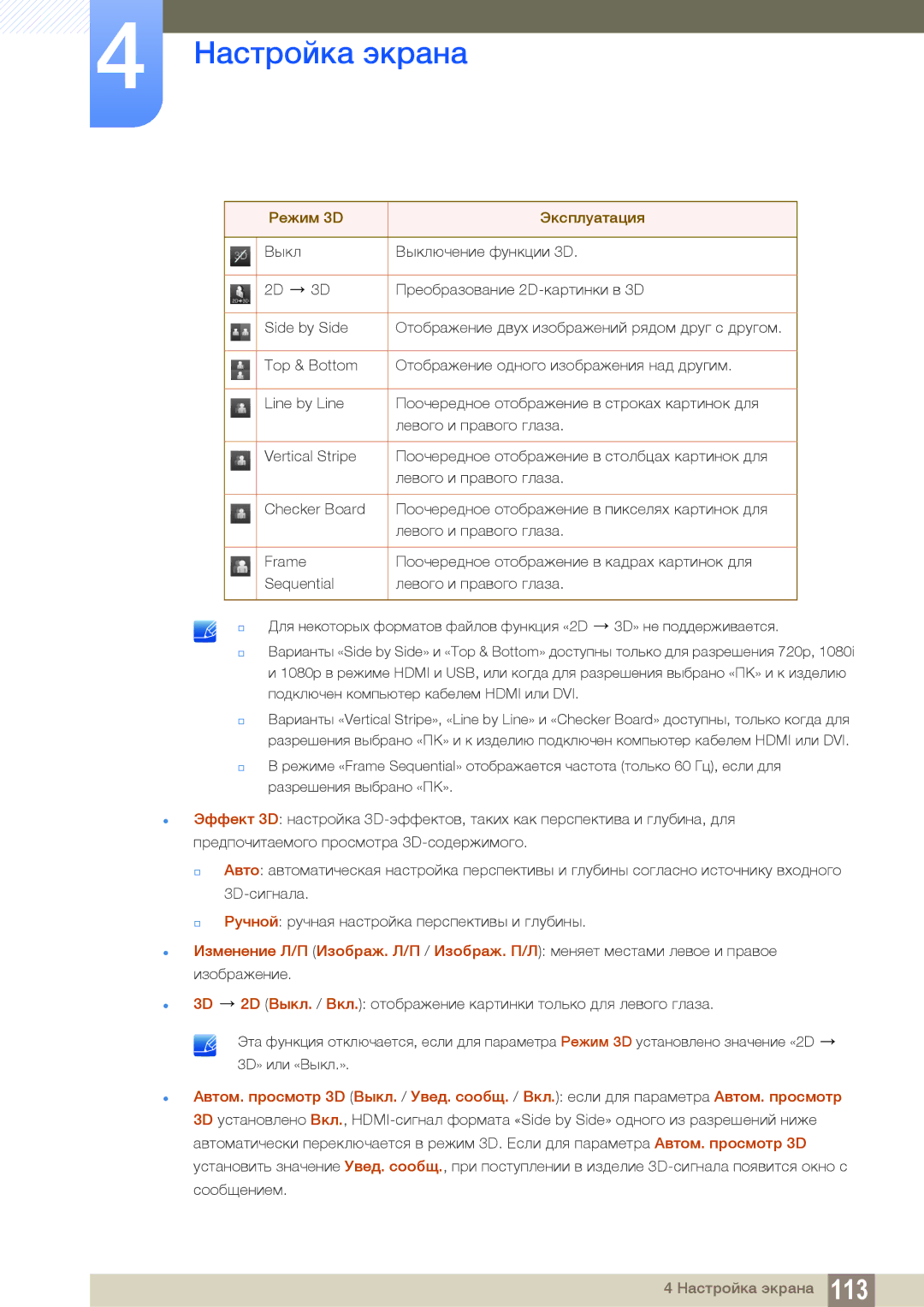 Samsung LH32MEBPLGC/EN, LH55UEAPLGC/EN, LH55MEBPLGC/EN, LH55UEPLGC/EN, LH46MEBPLGC/EN, LH40MEBPLGC/EN Режим 3D Эксплуатация 