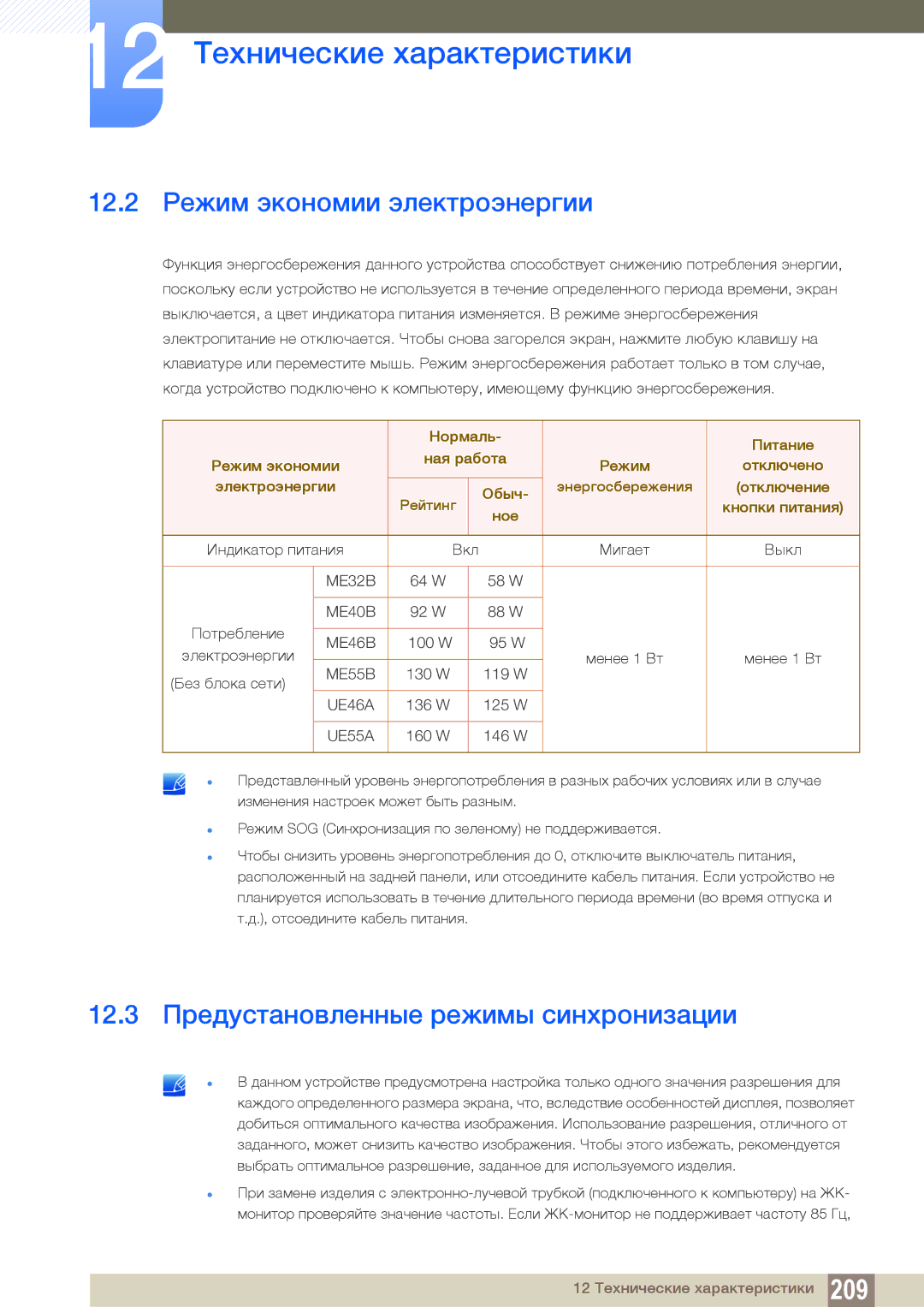 Samsung LH32MEBPLGC/EN, LH55UEAPLGC/EN 12.2 Режим экономии электроэнергии, 12.3 Предустановленные режимы синхронизации 