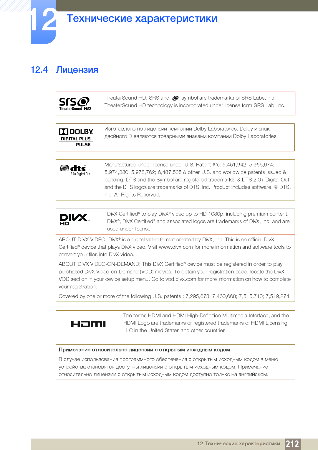 Samsung LH55UEPLGC/EN, LH55UEAPLGC/EN, LH55MEBPLGC/EN, LH46MEBPLGC/EN, LH40MEBPLGC/EN, LH32MEBPLGC/EN manual 12.4 Лицензия 