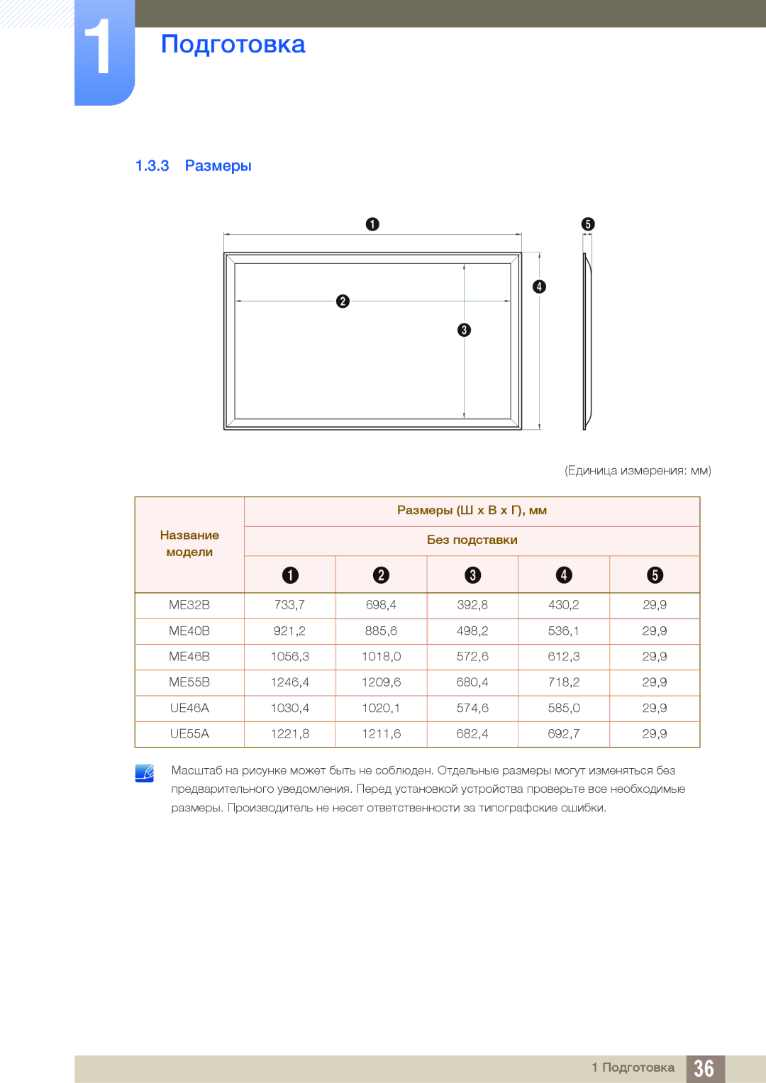 Samsung LH55UEAPLGC/EN, LH55MEBPLGC/EN, LH55UEPLGC/EN, LH46MEBPLGC/EN, LH40MEBPLGC/EN, LH32MEBPLGC/EN manual 3 Размеры, UE55A 