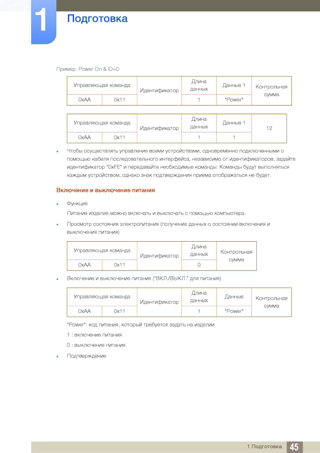 Samsung LH46MEBPLGC/EN, LH55UEAPLGC/EN, LH55MEBPLGC/EN manual Включение и выключение питания, Пример. Power On & ID=0 