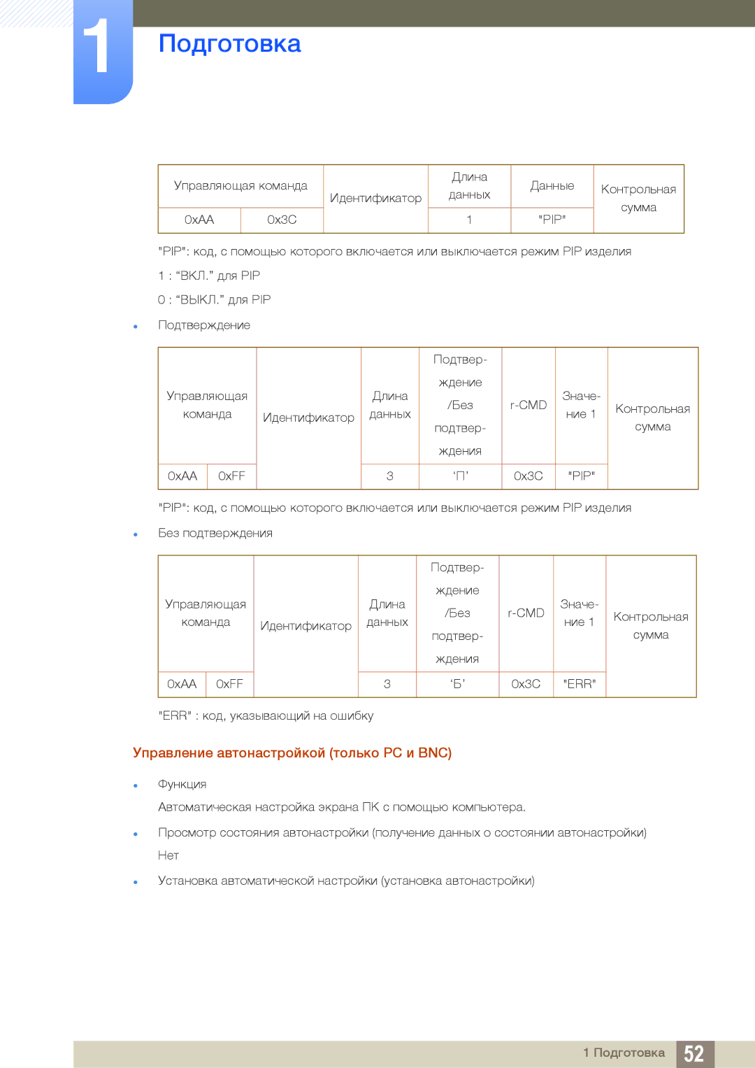 Samsung LH40MEBPLGC/EN, LH55UEAPLGC/EN, LH55MEBPLGC/EN, LH55UEPLGC/EN manual Управление автонастройкой только PC и BNC, Pip 