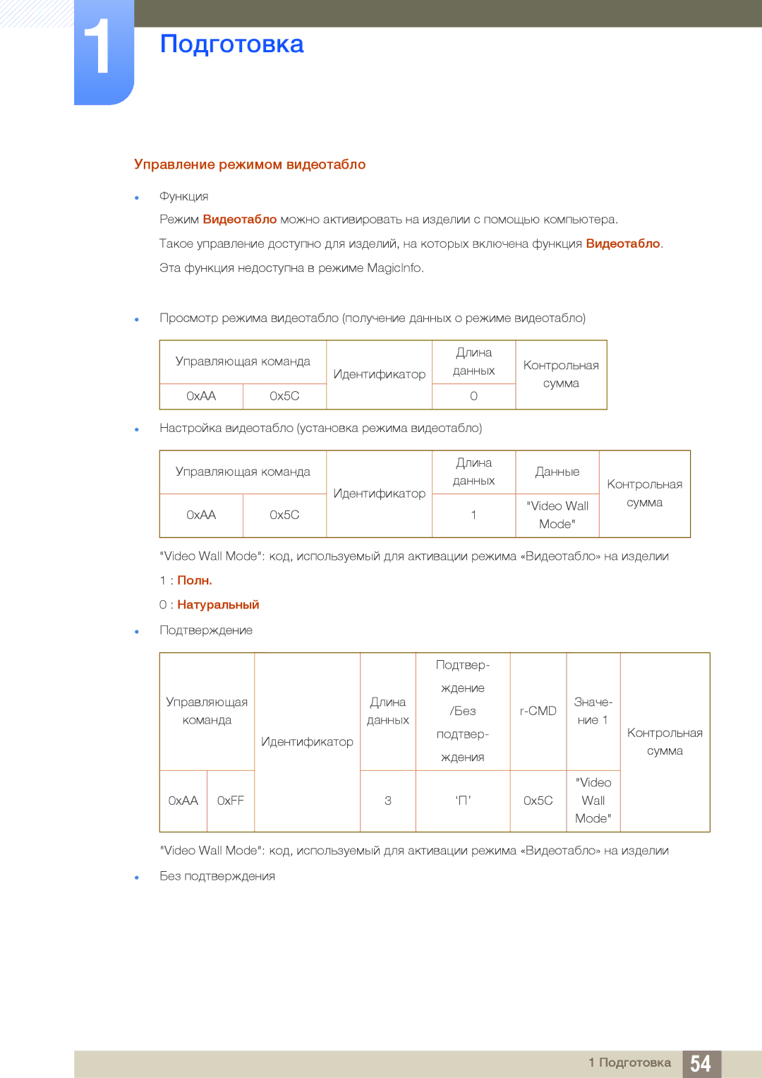 Samsung LH55UEAPLGC/EN, LH55MEBPLGC/EN, LH55UEPLGC/EN manual Управление режимом видеотабло, Полн Натуральный Подтверждение 