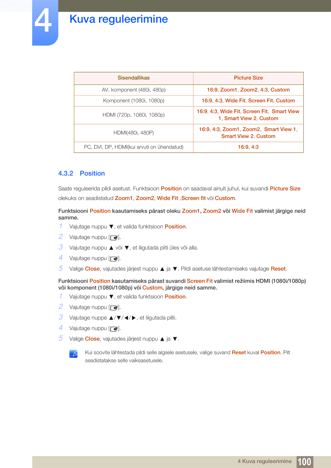 Samsung LH55UEPLGC/EN, LH55UEAPLGC/EN manual Position, Sisendallikas, Picture Size, 169 , Zoom1 , Zoom2 , 43 , Custom 