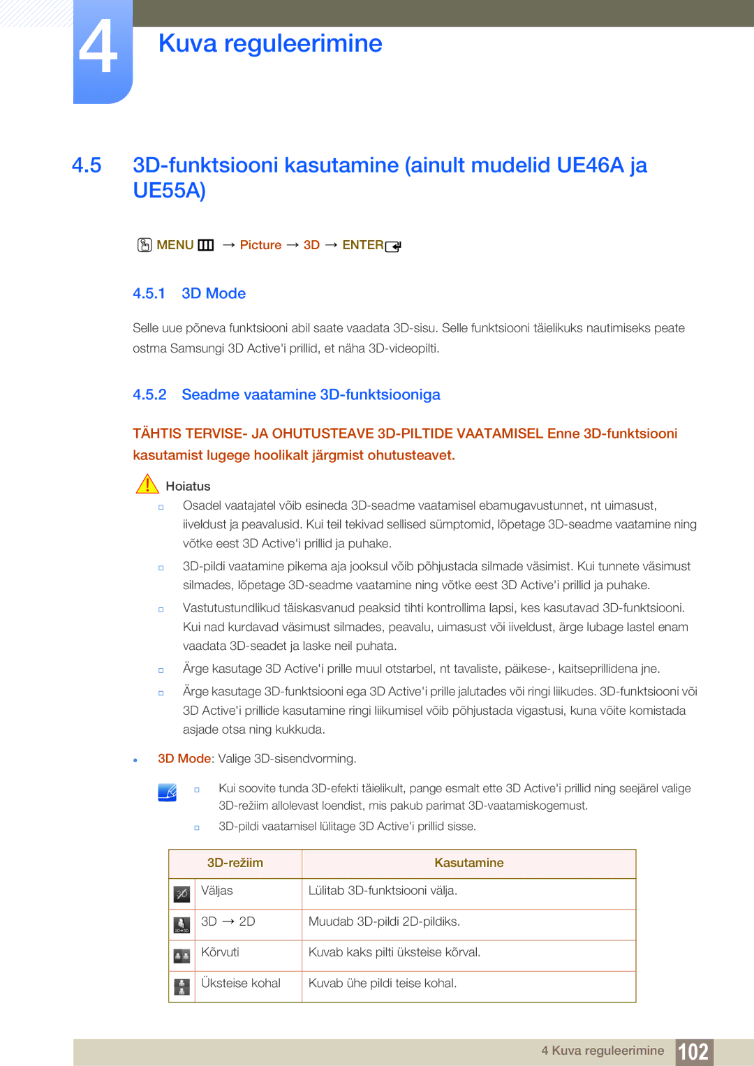 Samsung LH55UEAPLGC/EN manual 3D-funktsiooni kasutamine ainult mudelid UE46A ja UE55A, 1 3D Mode, Menu m Picture 3D Enter 