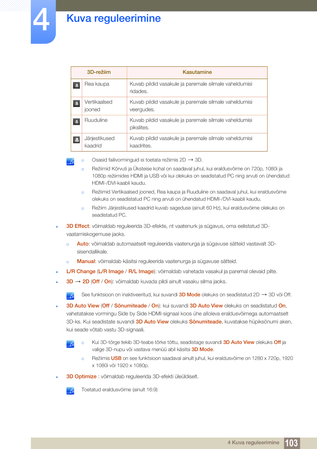 Samsung LH55UEPLGC/EN, LH55UEAPLGC/EN, LH46DEAPLBC/EN manual Kuva reguleerimine 