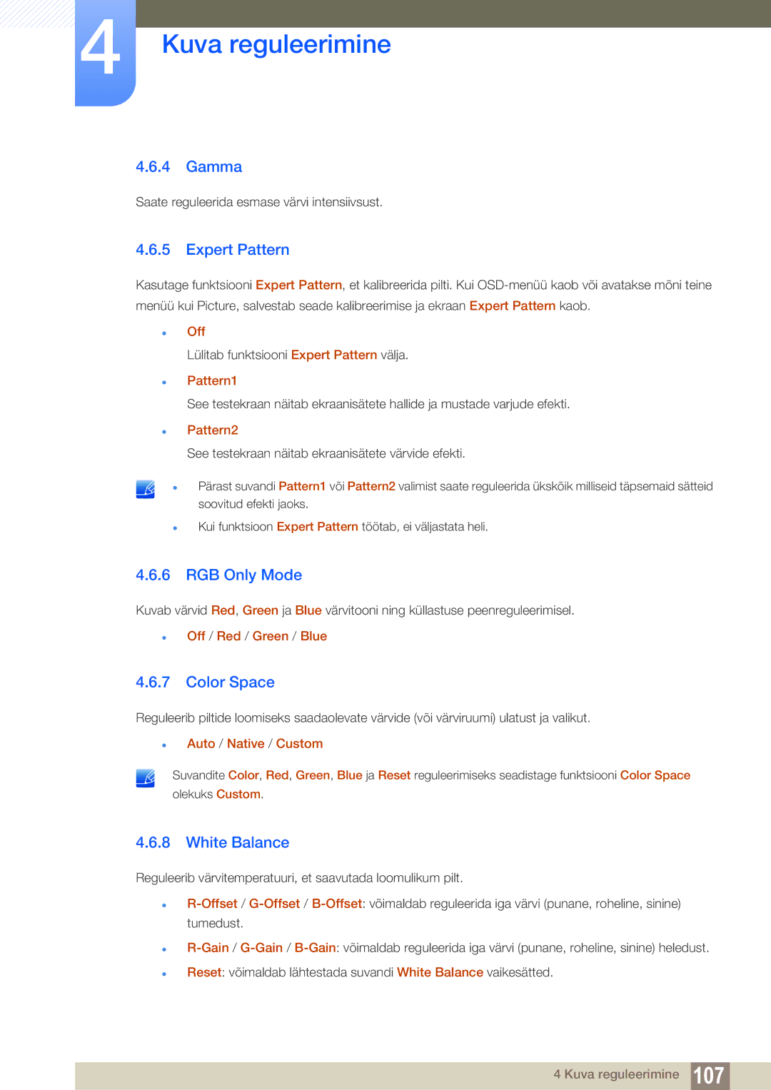 Samsung LH46DEAPLBC/EN, LH55UEAPLGC/EN, LH55UEPLGC/EN manual Gamma, Expert Pattern, RGB Only Mode, Color Space, White Balance 