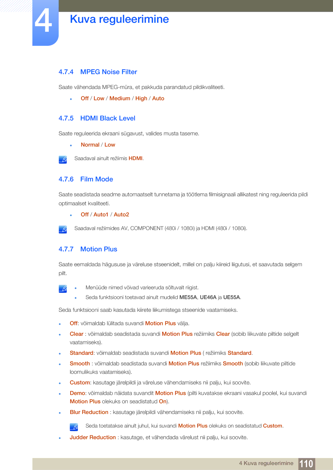 Samsung LH46DEAPLBC/EN, LH55UEAPLGC/EN, LH55UEPLGC/EN manual Mpeg Noise Filter, Hdmi Black Level, Film Mode, Motion Plus 