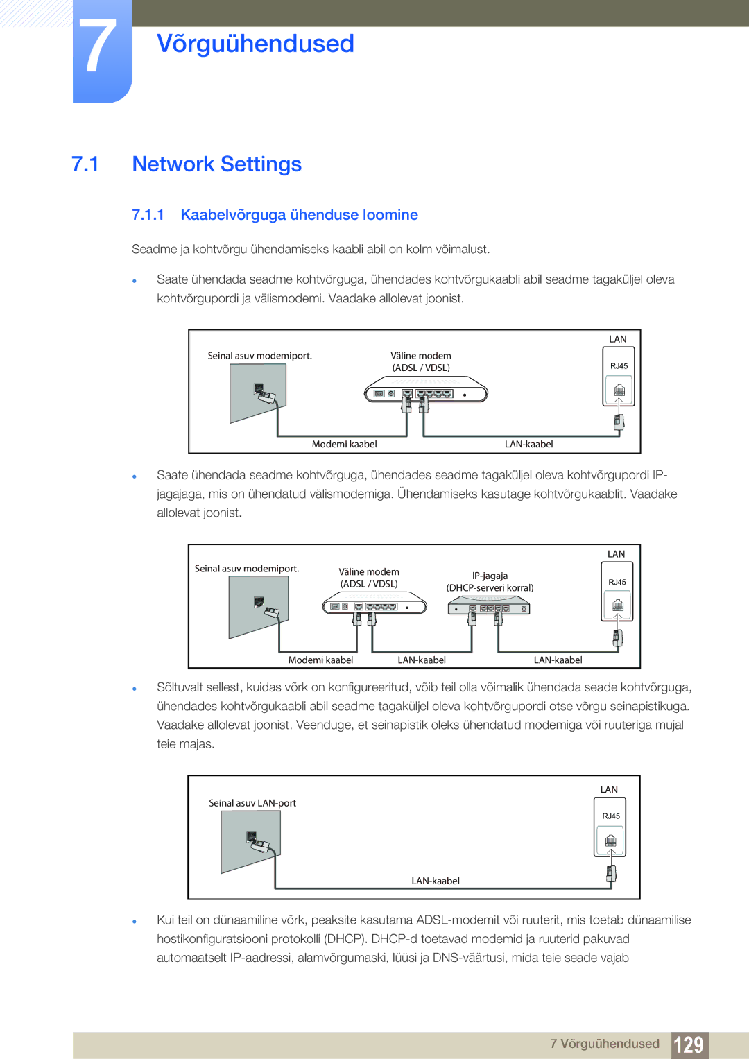 Samsung LH55UEAPLGC/EN, LH55UEPLGC/EN, LH46DEAPLBC/EN manual Võrguühendused, Network Settings, Kaabelvõrguga ühenduse loomine 