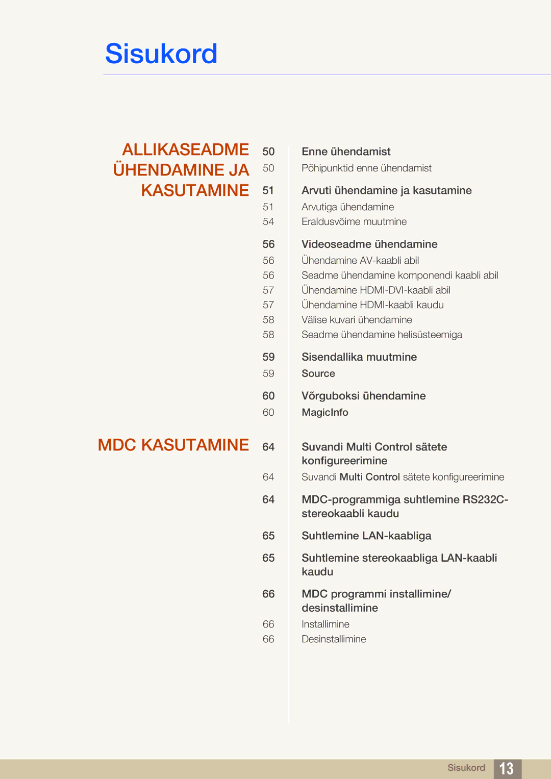 Samsung LH55UEPLGC/EN, LH55UEAPLGC/EN, LH46DEAPLBC/EN manual Allikaseadme 50 Ühendamine JA 50 Kasutamine MDC Kasutamine 