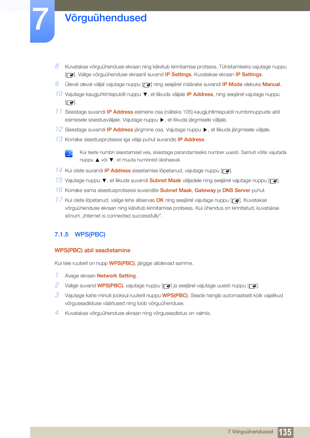 Samsung LH55UEAPLGC/EN, LH55UEPLGC/EN, LH46DEAPLBC/EN manual Avage ekraan Network Setting 