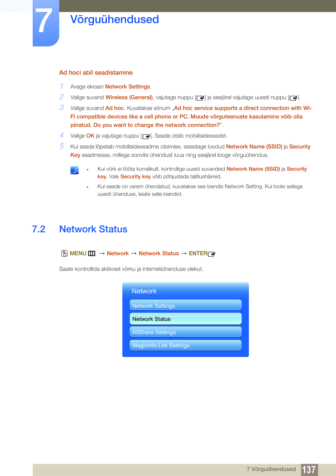 Samsung LH46DEAPLBC/EN, LH55UEAPLGC/EN, LH55UEPLGC/EN Ad hoci abil seadistamine, Menu m Network Network Status Enter 